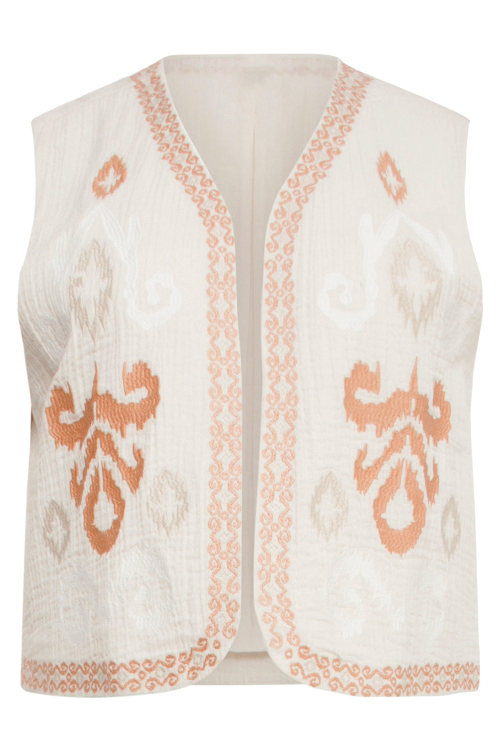 25190 Katoenen Gilet Met Aztec Borduursels | Sand-Off White