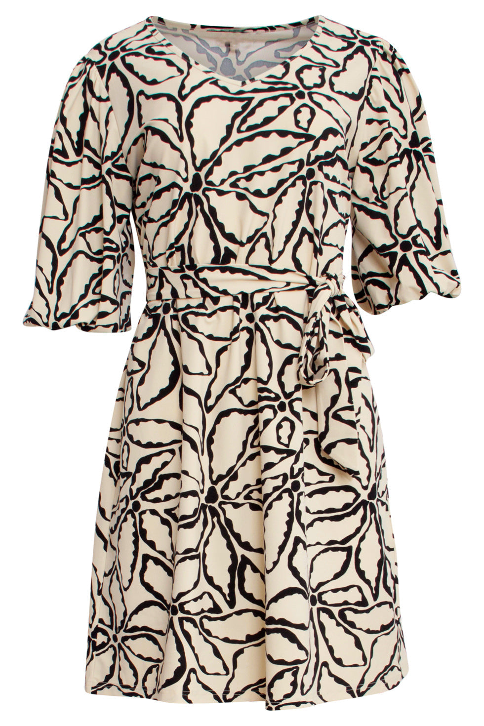 25255 E Bloemen Geprinte Balloon Mouw Jurktravelkwaliteit | Sand - Black