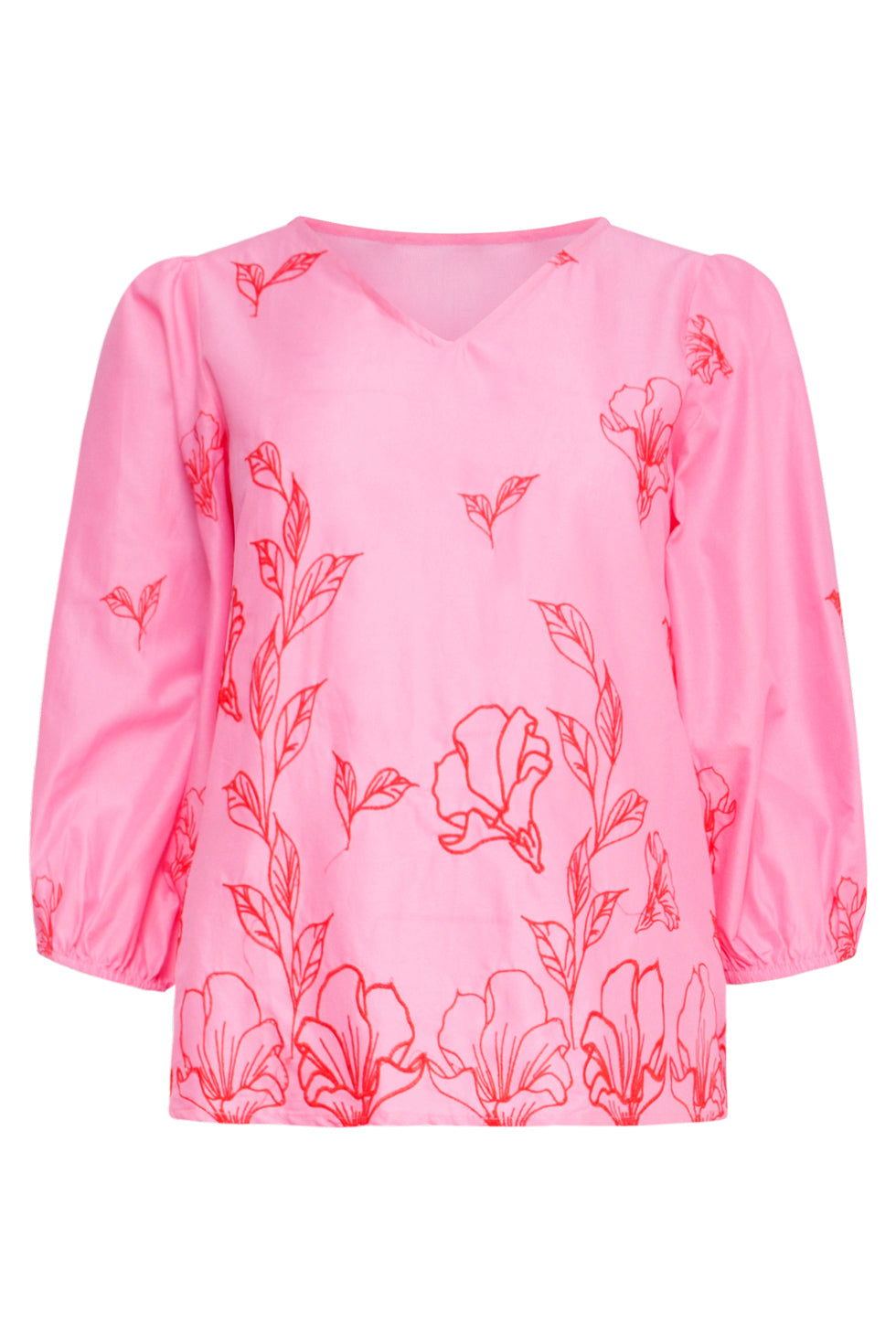 25262 Top Met Bloemenborduurselsv-Hals | Pink-Red