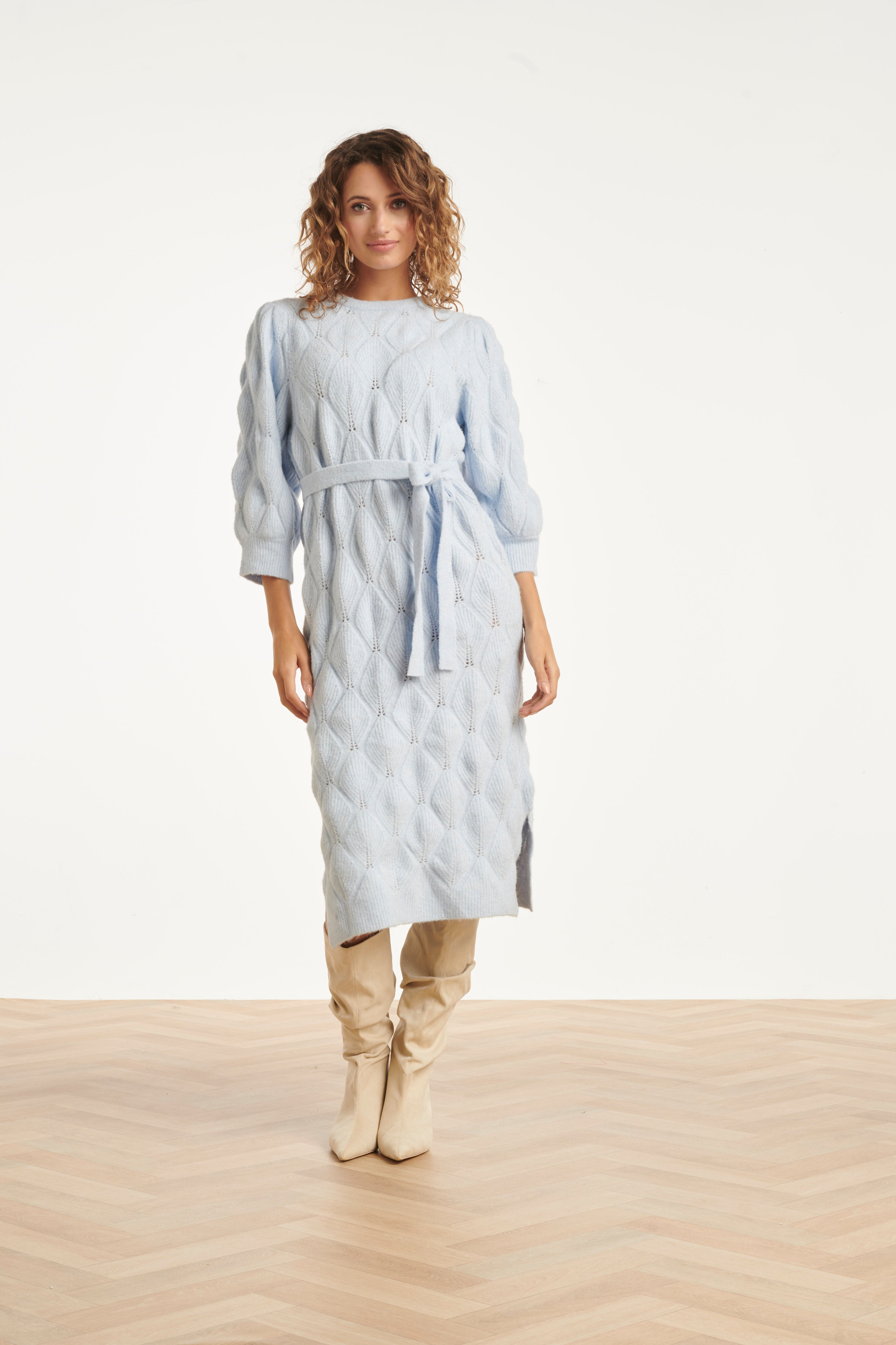 25501 Damesgebreide Midi Jurk | Light Blue