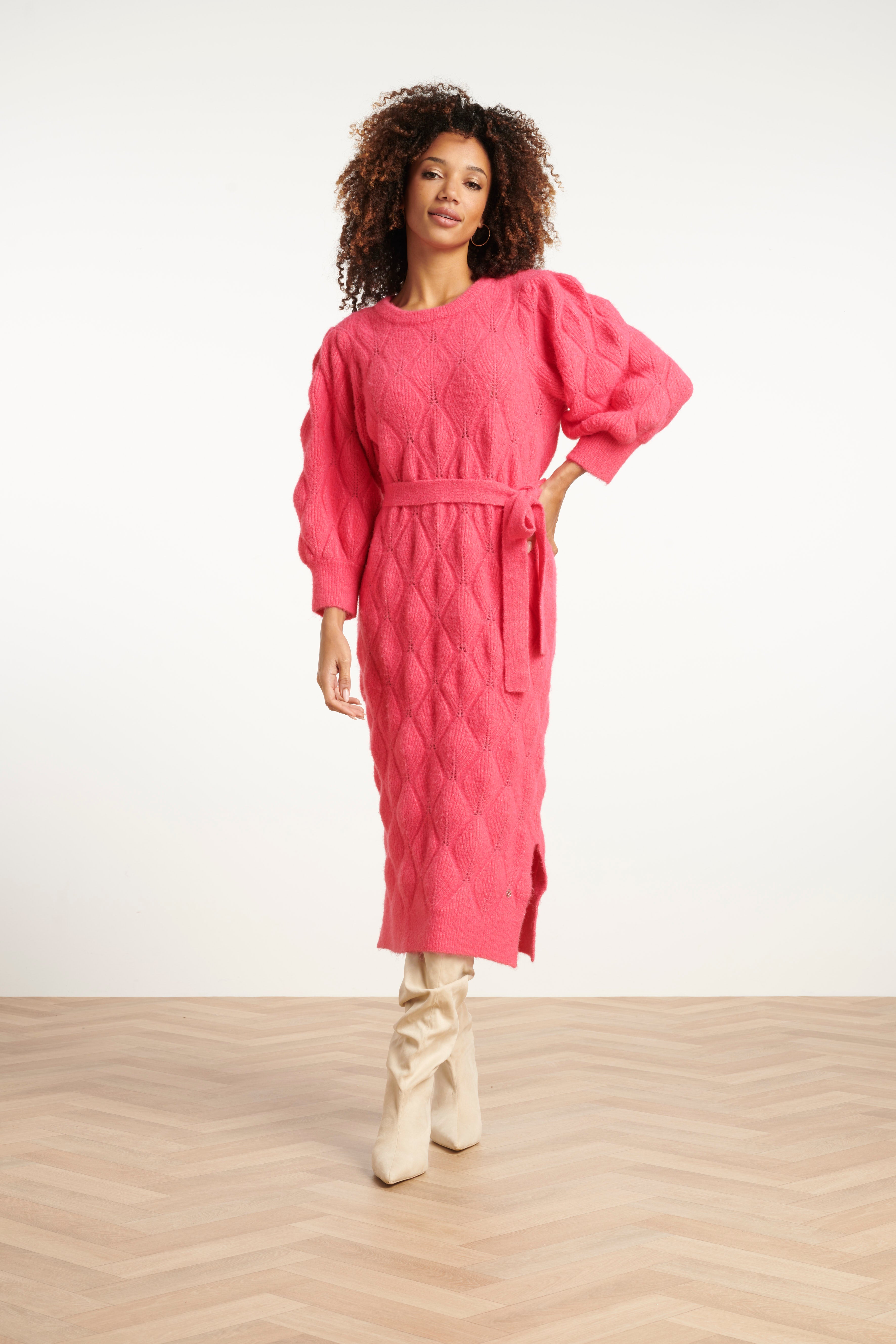 25501 Smashed Lemon Damesgebreide Midi Jurk | Cerise