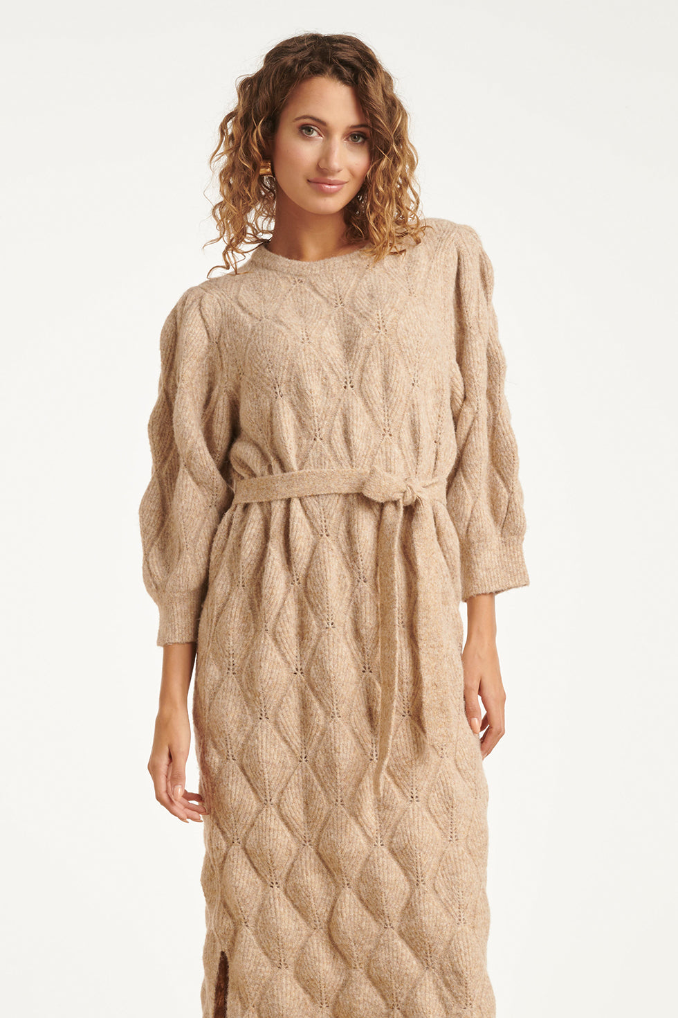 25501 Smashed Lemon Damesgebreide Midi Jurk | Camel