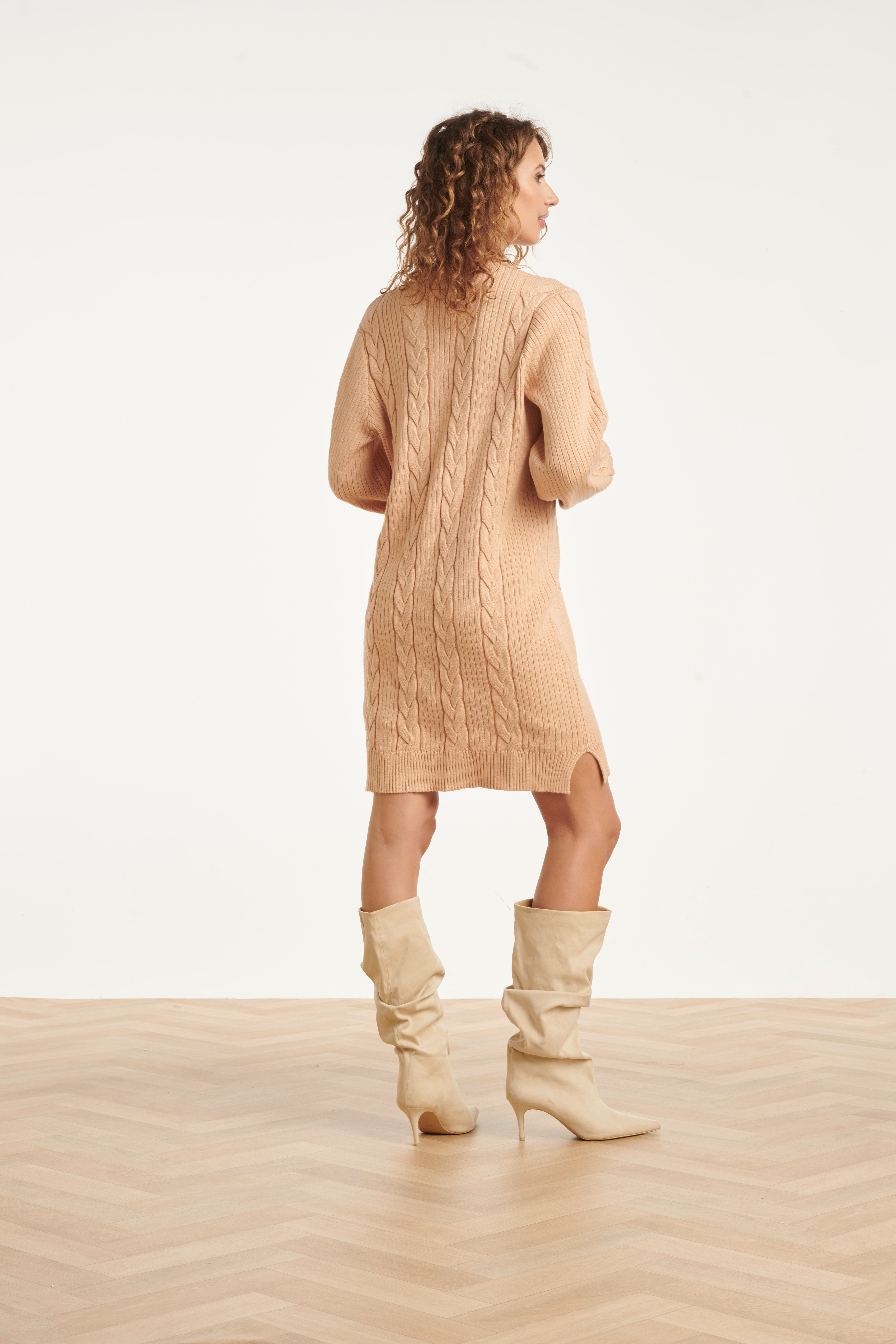 25507 Smashed Lemon Damesgestructureerd Gebreide Jurk | Camel