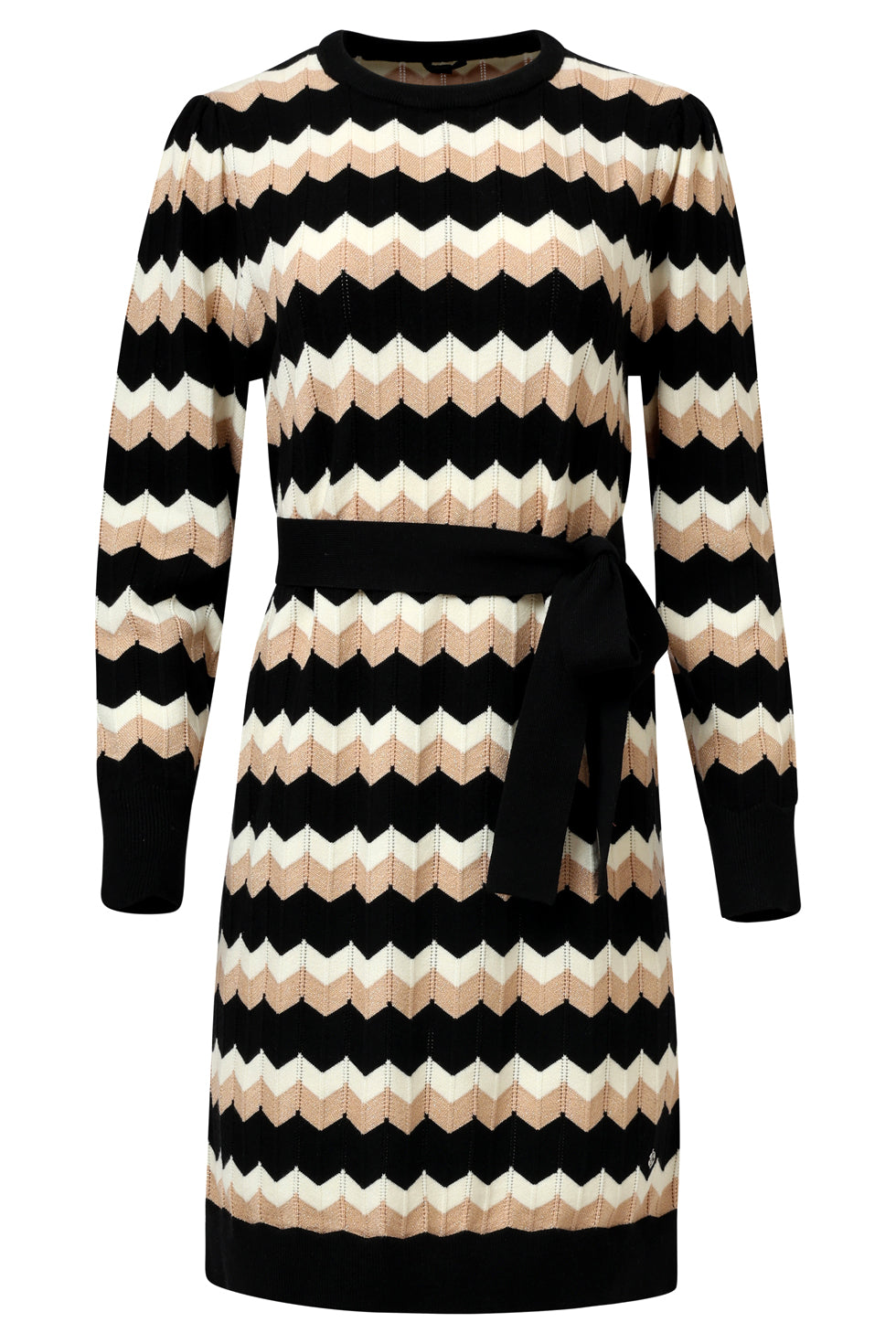 25521 Zwart En Zand Gebreide Zigzag Jurk | Black - Sand