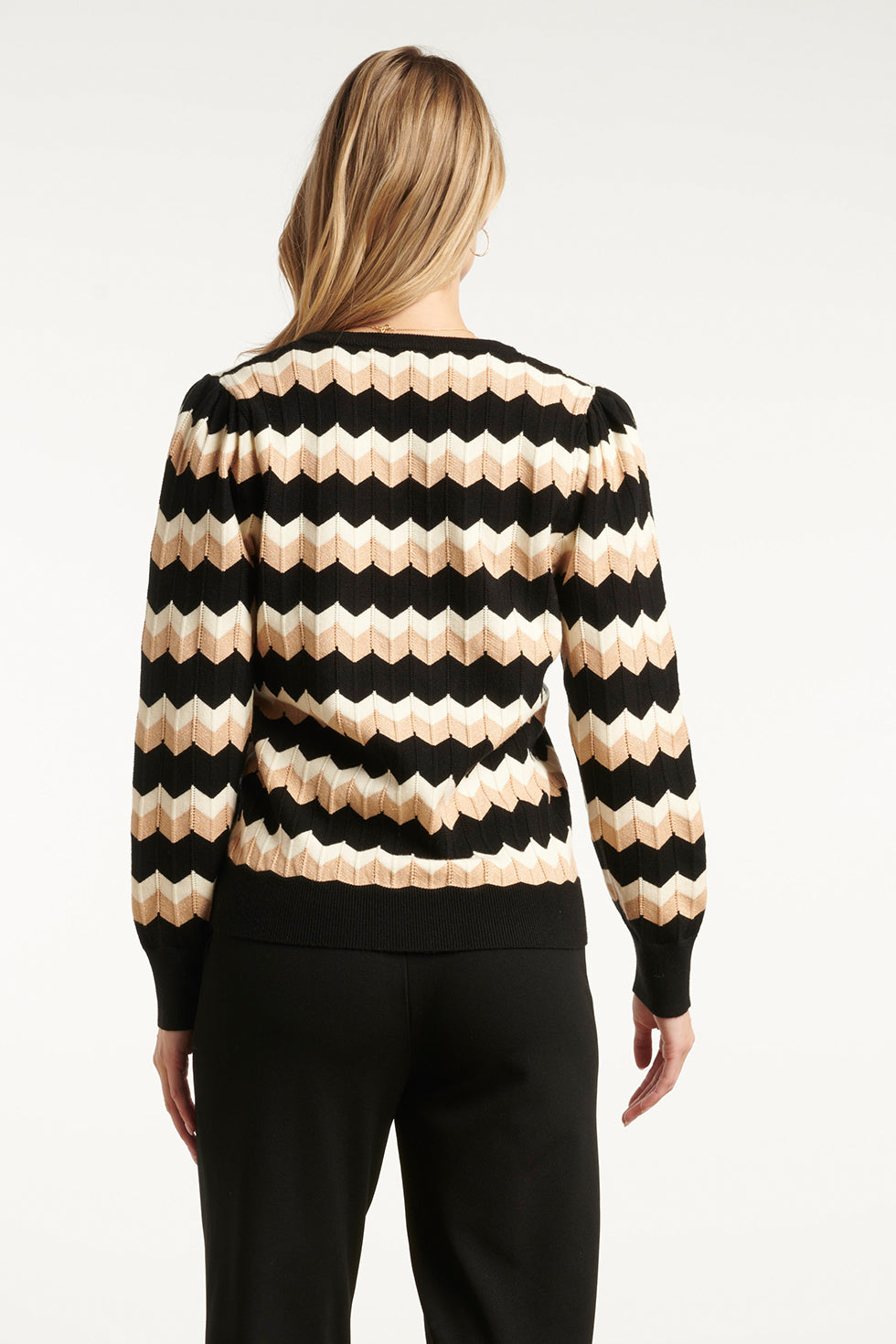 25523 Zwart En Zand Zigzag Gebreide Dames Top Met V-Hals | Black - Sand