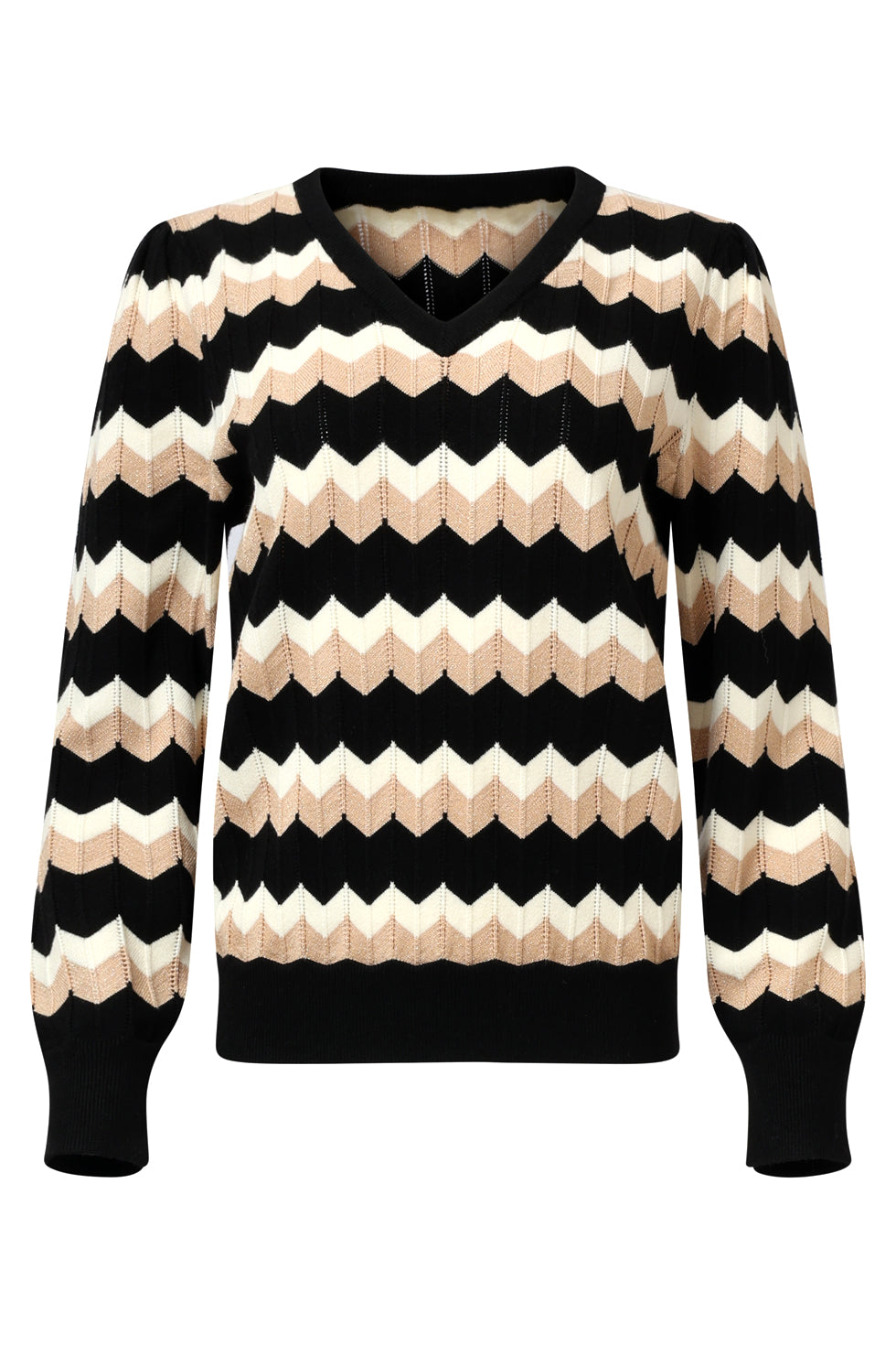 25523 Zwart En Zand Zigzag Gebreide Dames Top Met V-Hals | Black - Sand