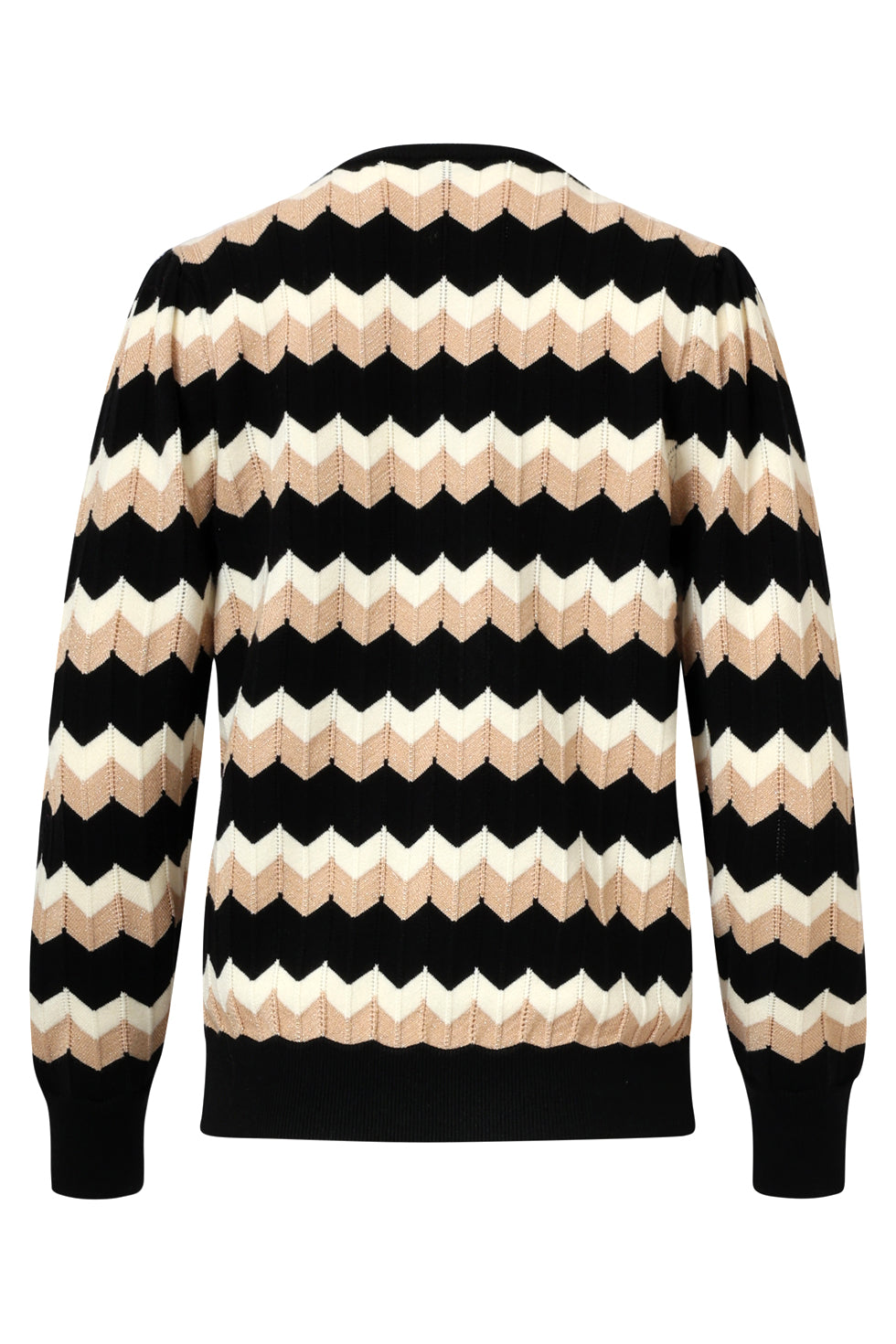 25523 Zwart En Zand Zigzag Gebreide Dames Top Met V-Hals | Black - Sand