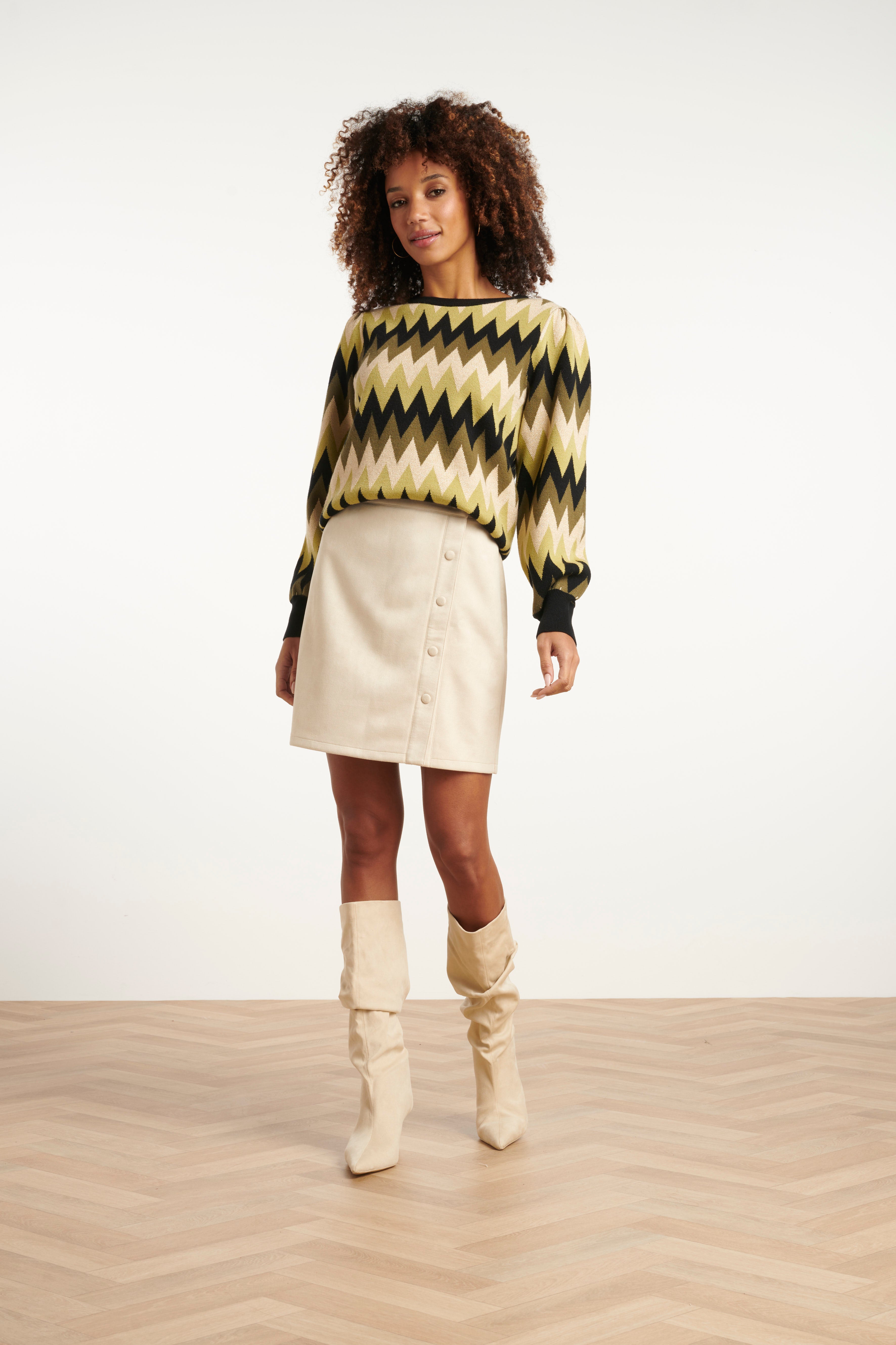 25524 Army en Zand Zigzag Gebreide Dames Top met ronde Hals | Army - Sand