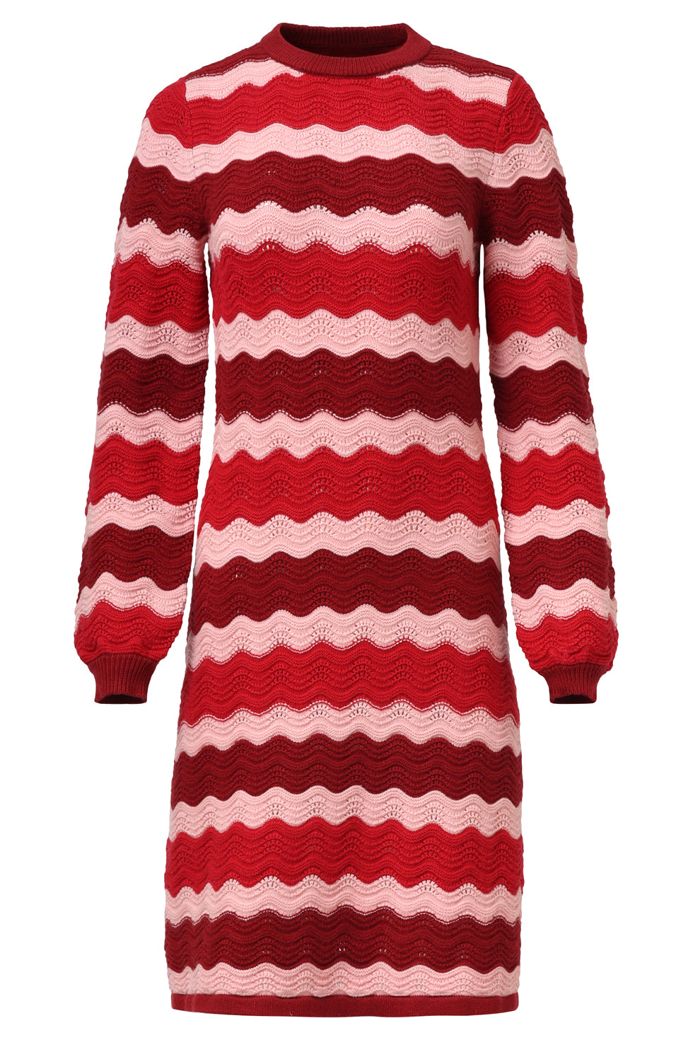 25527 Damesgebreide Jurk Zand Met Golfpatroon Pof... | Red - Pink