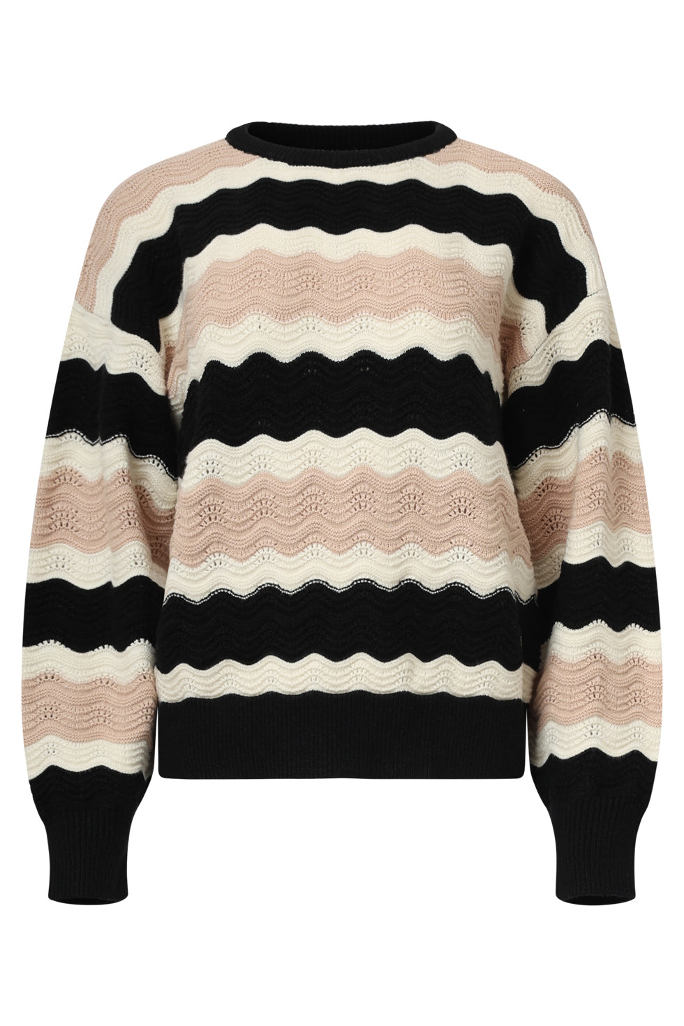 25528 Smashed Lemon Damesgebreide Top Zand met Golfpatroon Pofm... | Black - Sand