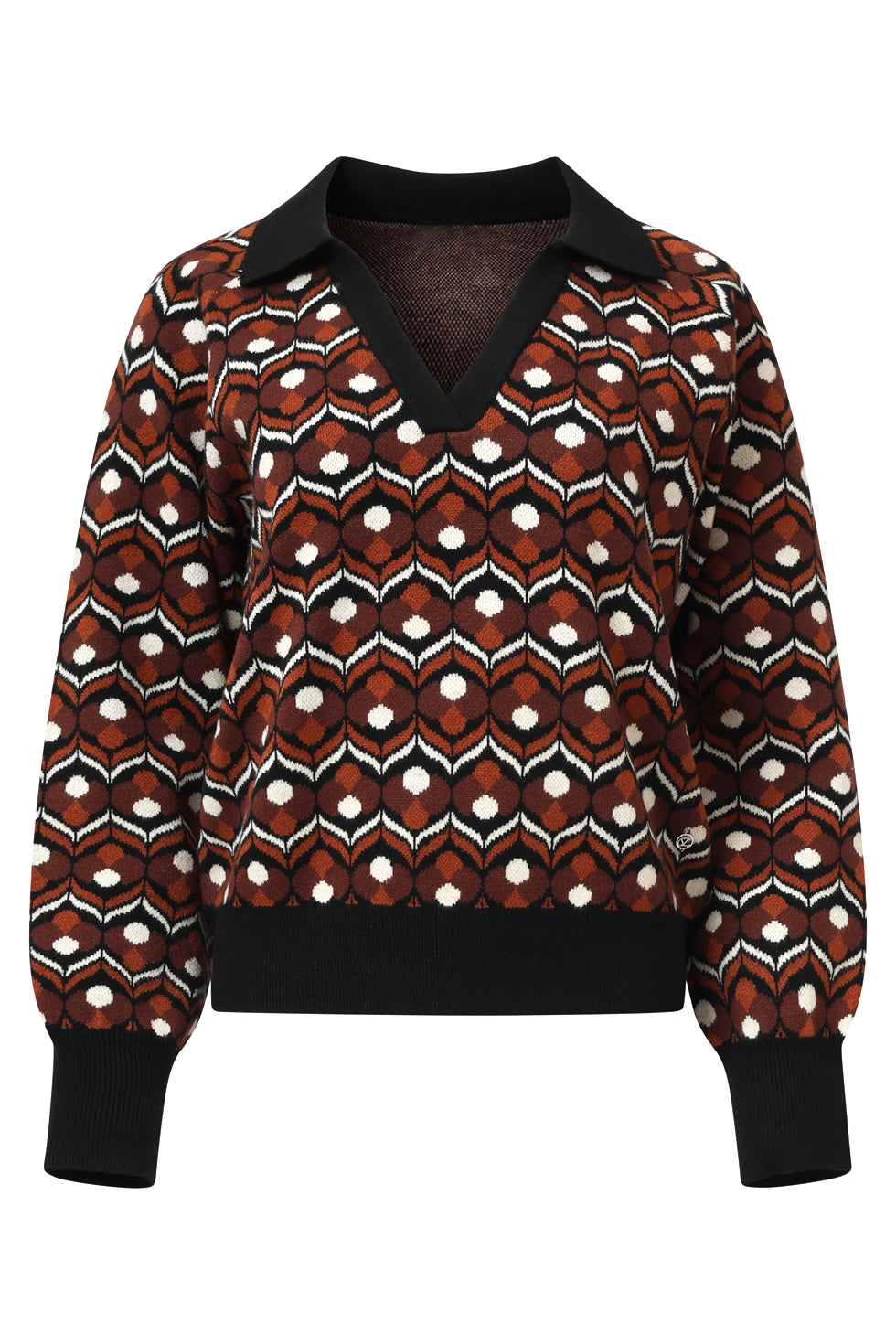 25530 Retro Gebreide Top In Bruin En Zwart Met V-Hals En Kraag | Brown - Black