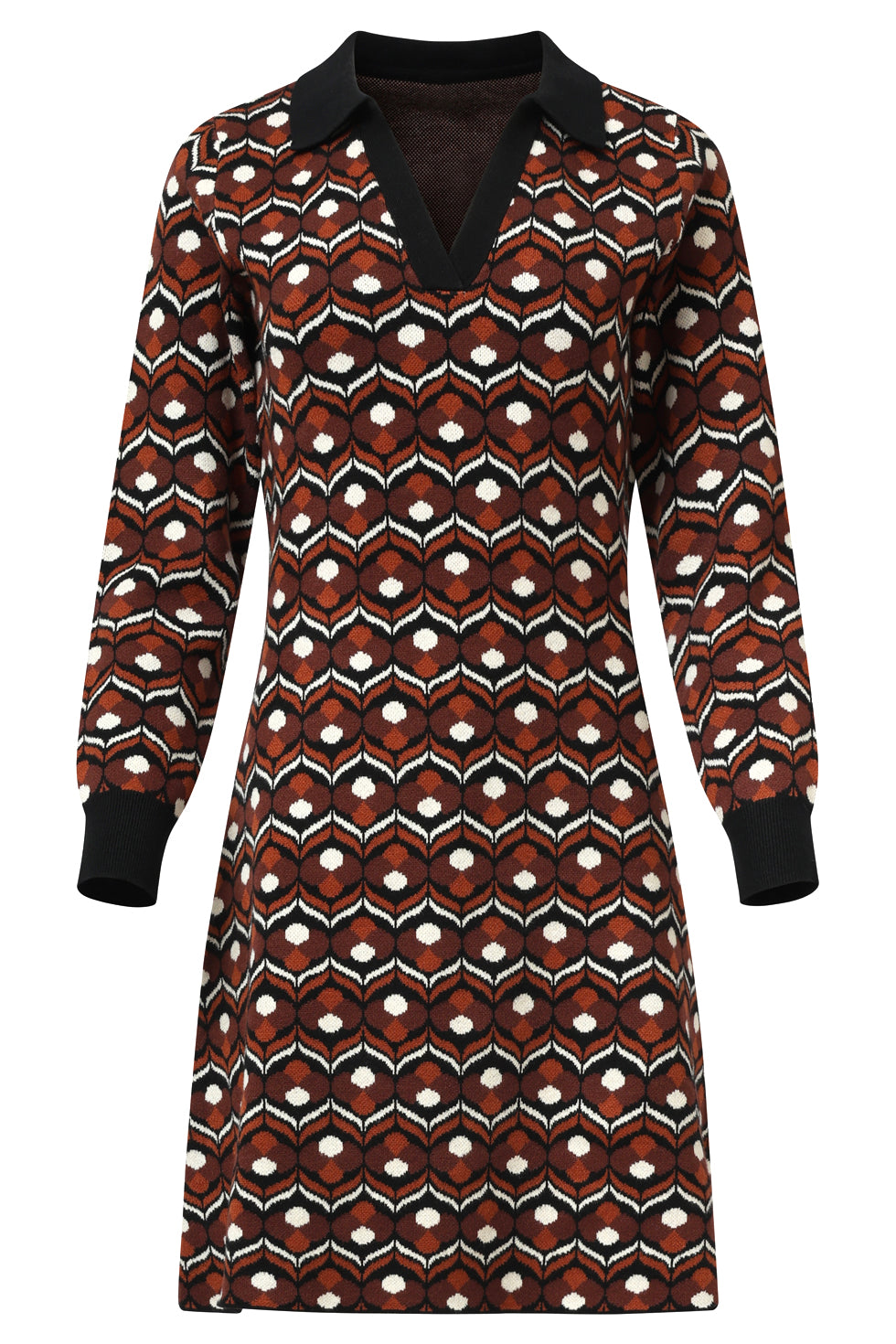 25531 Retro Gebreide Jurk Met Bruin En Zwart Print | Brown - Black