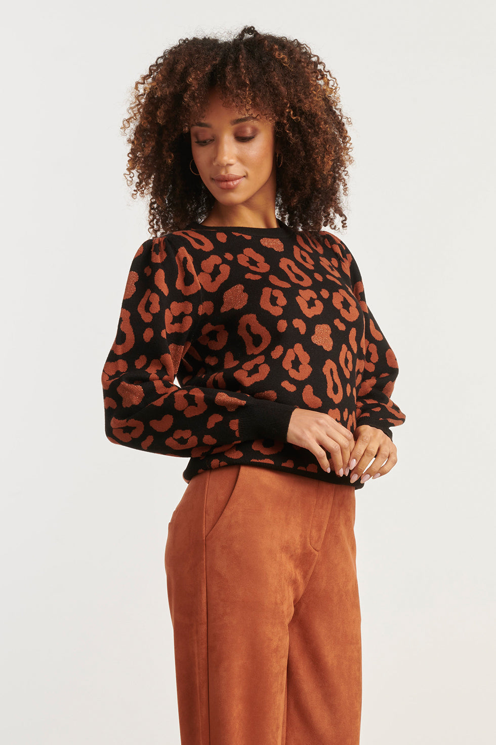 25535 Gebreide DierEnprint Knit Top Zwart en Cognac | Black - Cognac