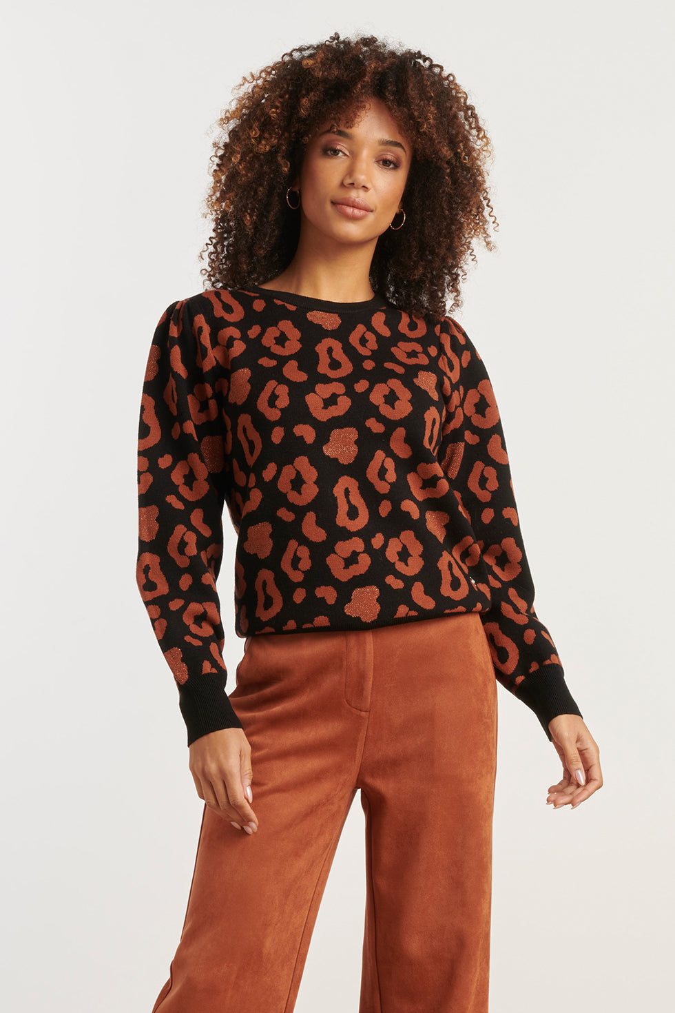 25535 Gebreide DierEnprint Knit Top Zwart en Cognac | Black - Cognac