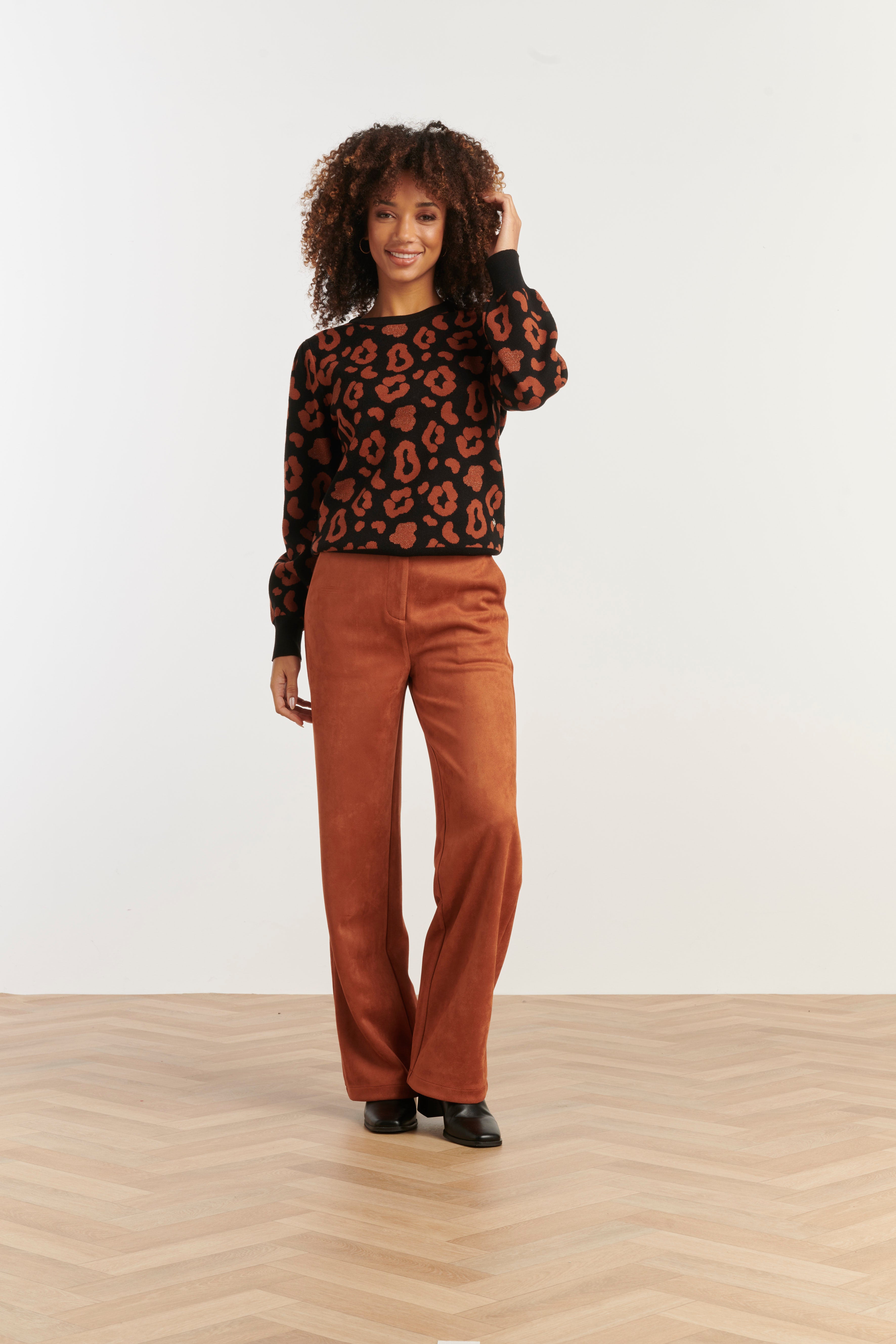 25535 Gebreide Dierenprint Knit Top Zwart en Cognac | Black - Cognac