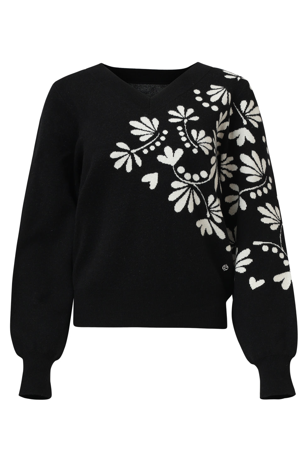 25537 Zwart En Offwhite Bloemenprint Met V-Hals Gebreide Top | Black - Off White