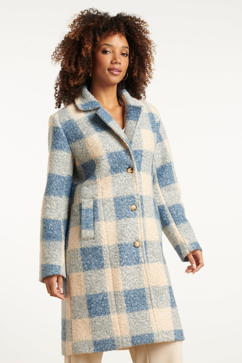 25546 Bouclé Ruitjesjas | Light Blue - Off White