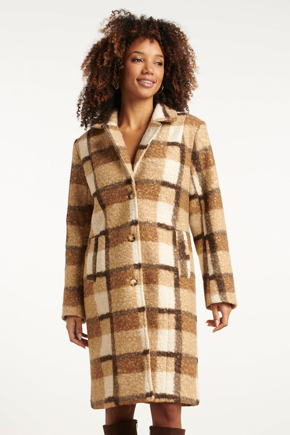 25546 Casaco de Padrão Xadrez Bouclé | Camel - Off White