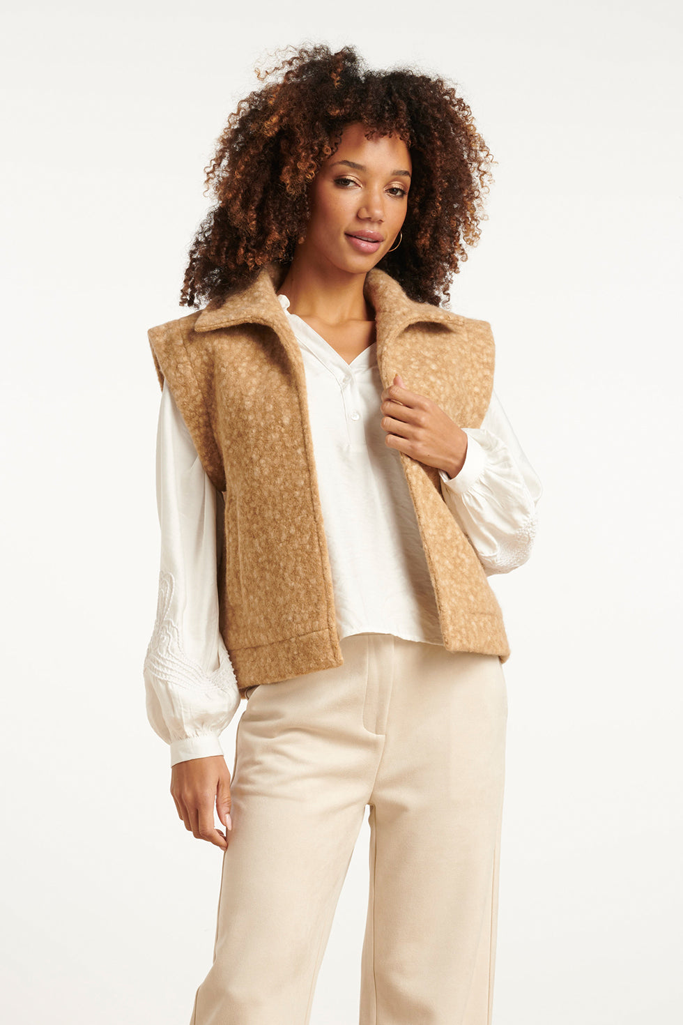 25551 Damesbouclé Gilet Met Kraag | Camel