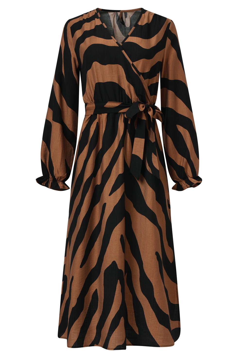 25557 Midi DierEnprInt Jurk Met Ceintuur in Bruin en Zwart | Brown - Black