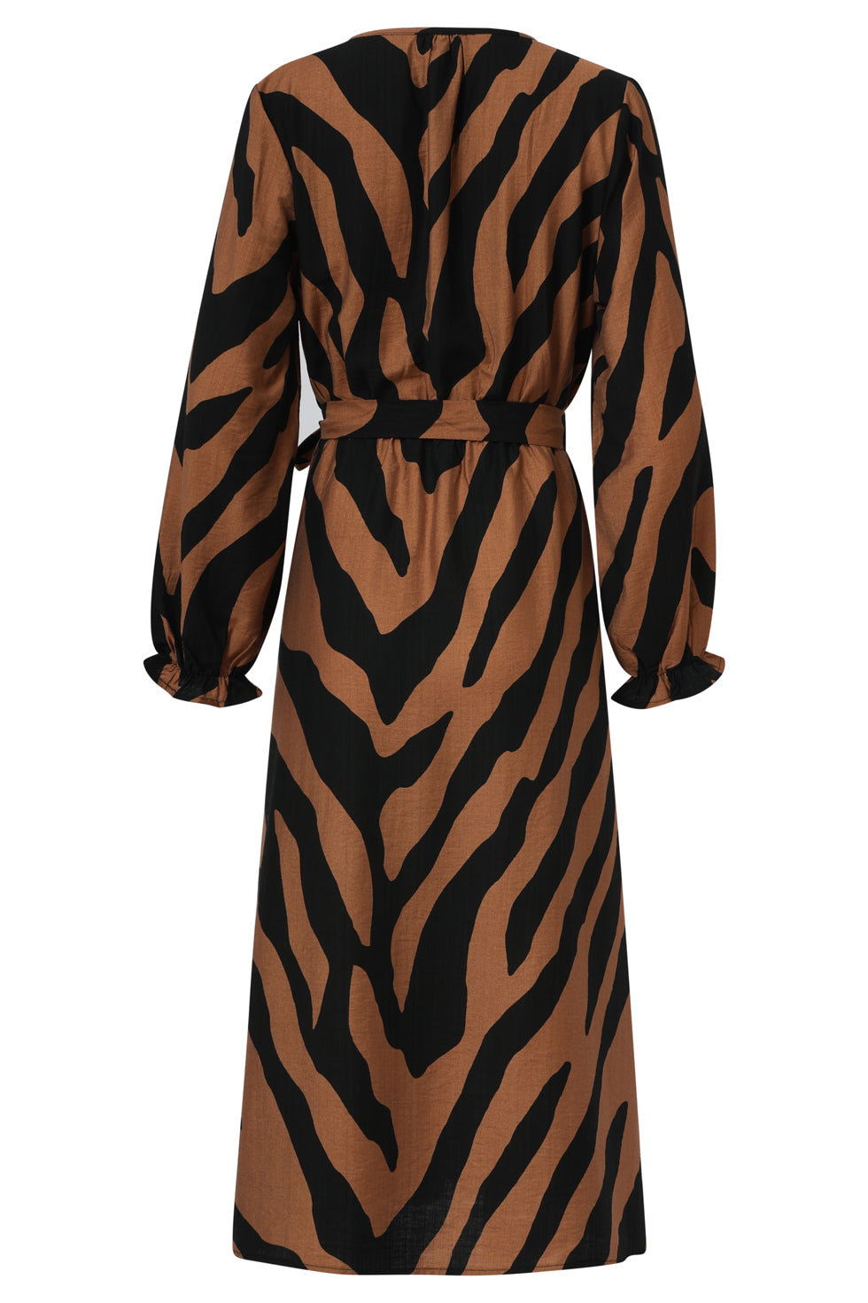 25557 Midi DierEnprInt Jurk Met Ceintuur in Bruin en Zwart | Brown - Black