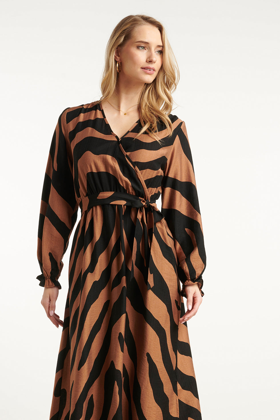 25557 Midi Dierenprint Jurk met Ceintuur in Bruin en zwart | Brown - Black