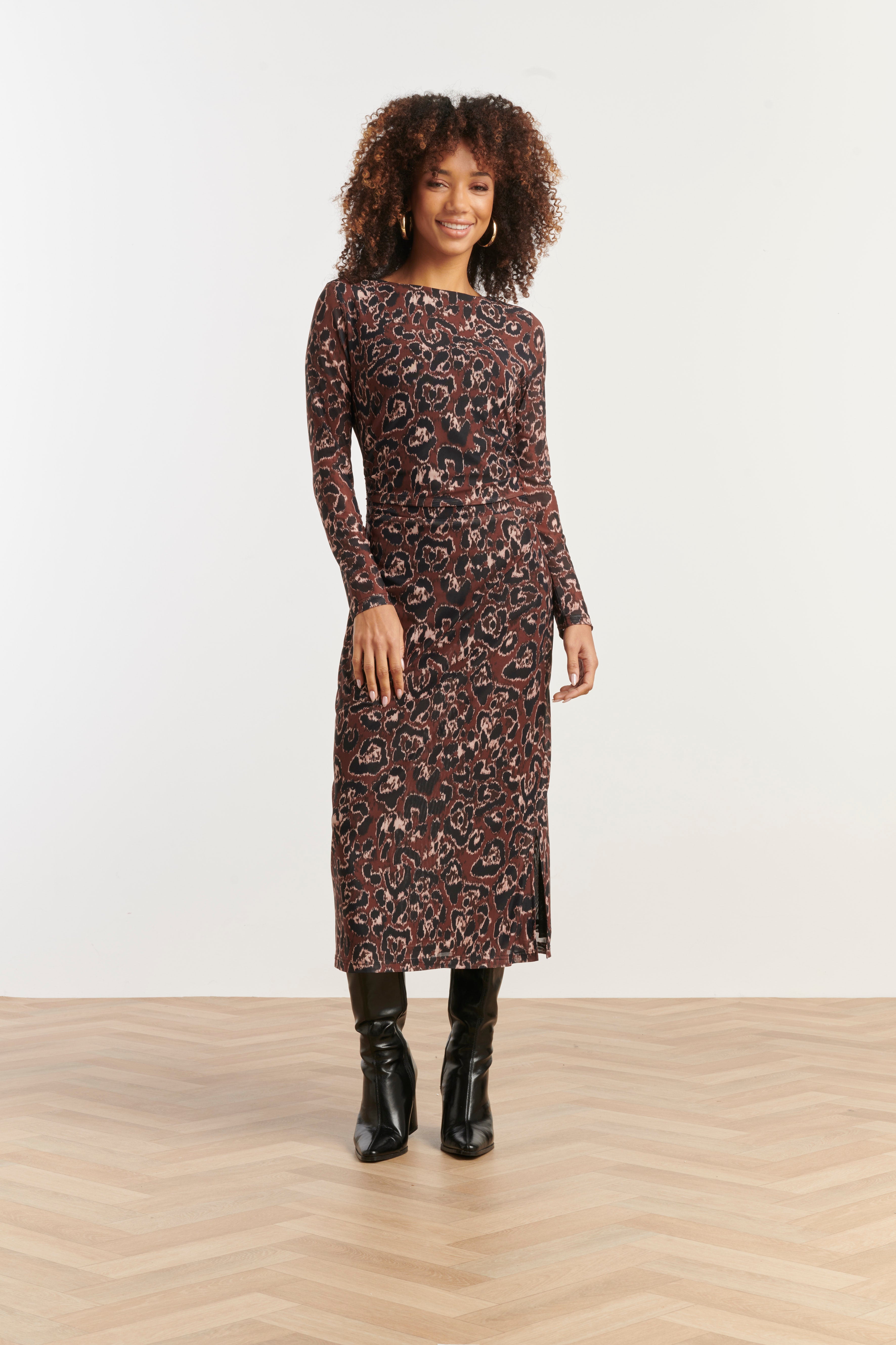 25564 Mesh Midi Jurk Met CheetahprInt in Bruin En Zwart | Brown - Black