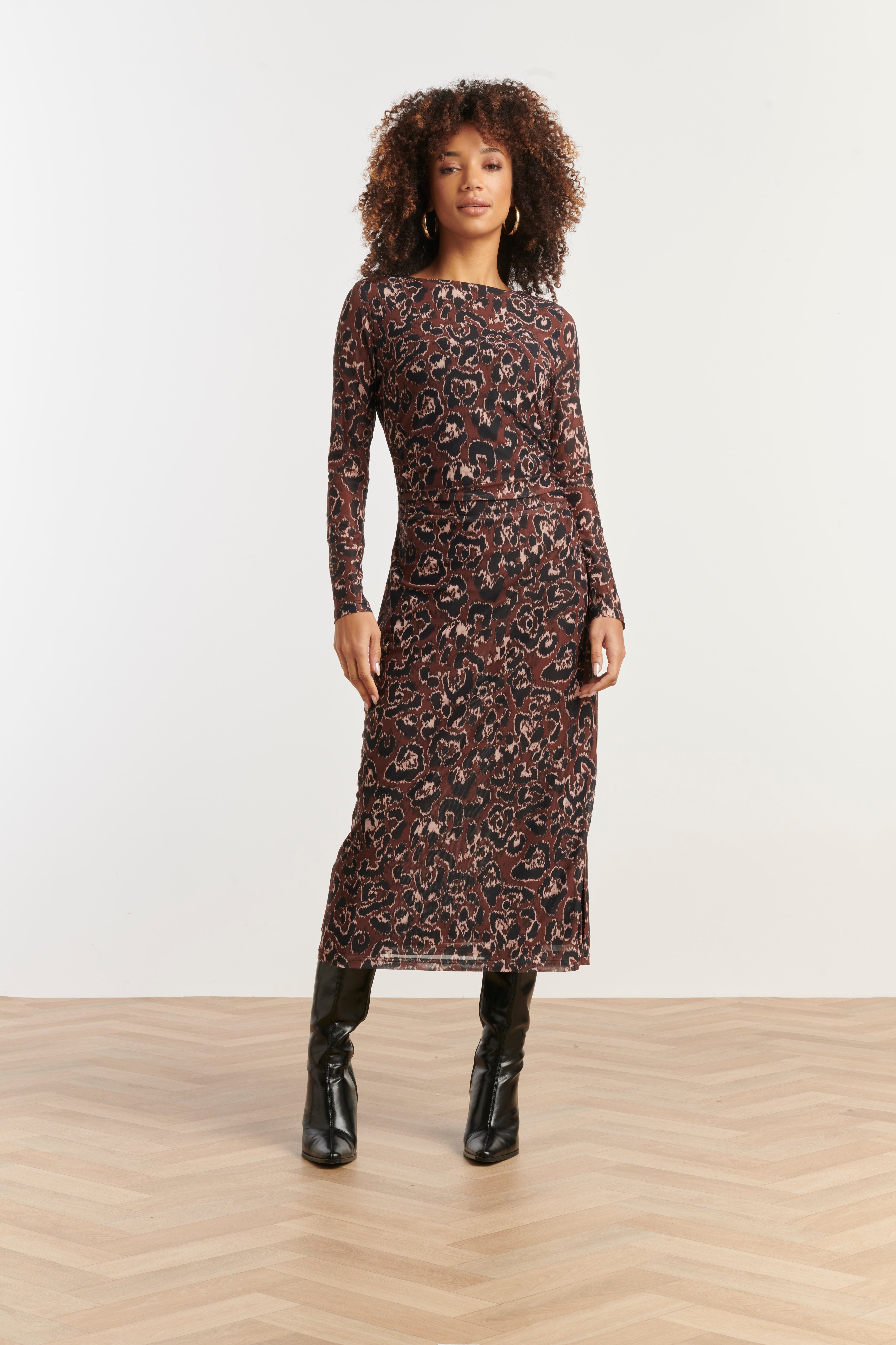 25564 Mesh Midi Jurk Met CheetahprInt in Bruin En Zwart | Brown - Black