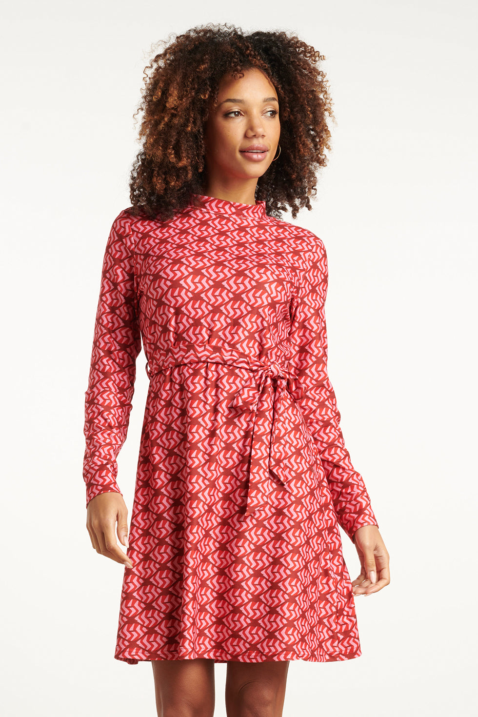 25590 Stretchstof Lippenprint Jurk in Rood en Roze | Red - Pink