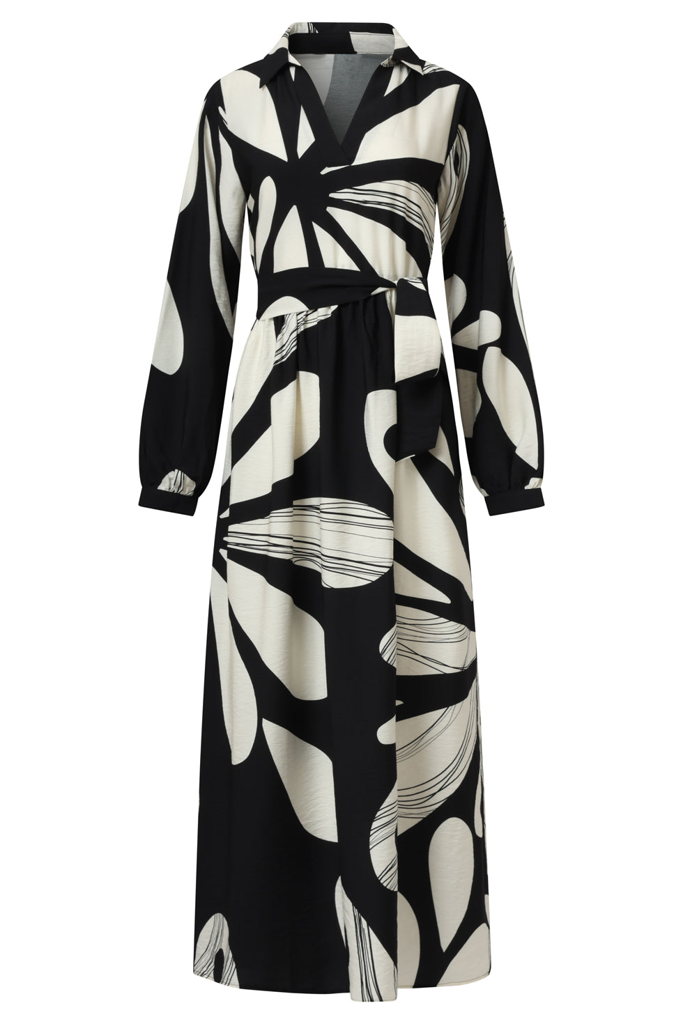 25594 Maxi Jurk Met Graffische BloemEnprInt in Zwart en Off-White | Black - Off White