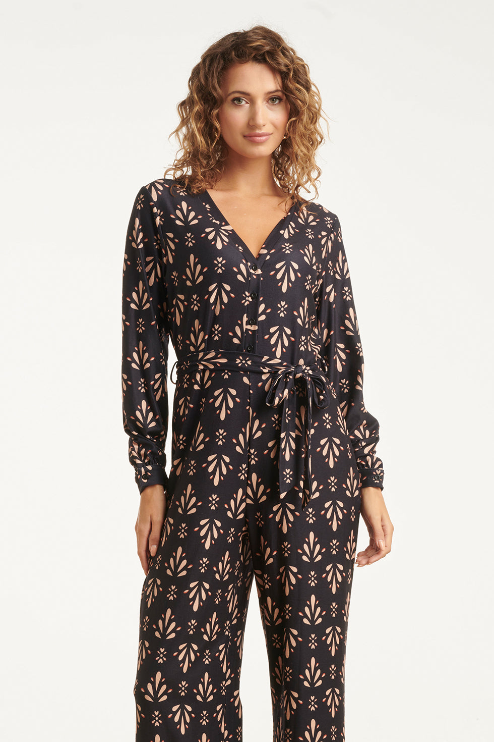 25597 Stretchstof Ornament Geprint Jumpsuit in Zwart en Camel | Black - Camel