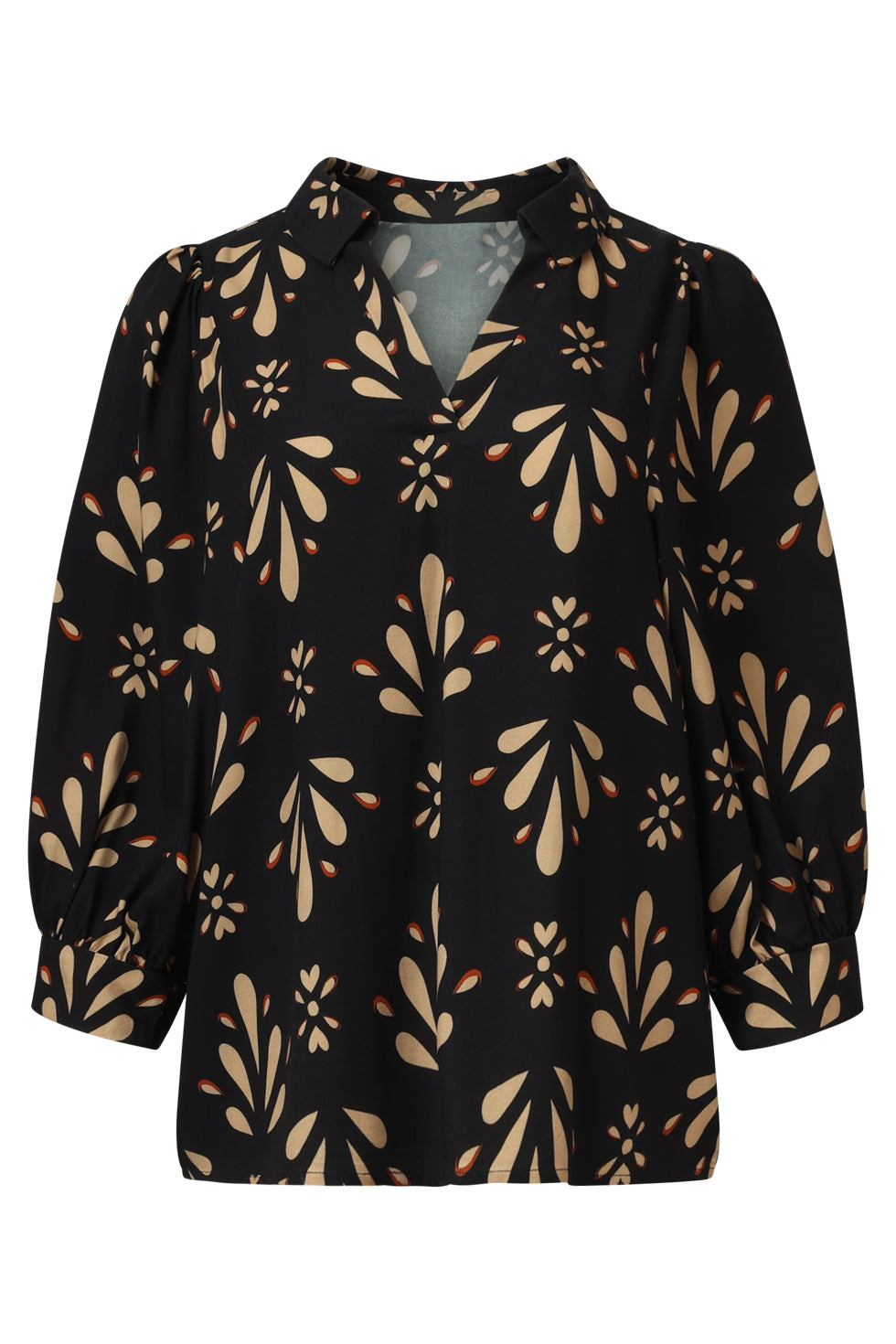 25598 OrnamEnt GeprInt Top in Zwart en Camel | Black - Camel