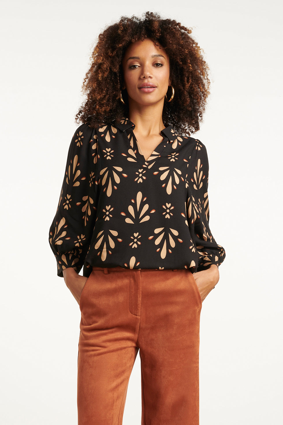 25598 Ornament Geprint Top in Zwart en Camel | Black - Camel