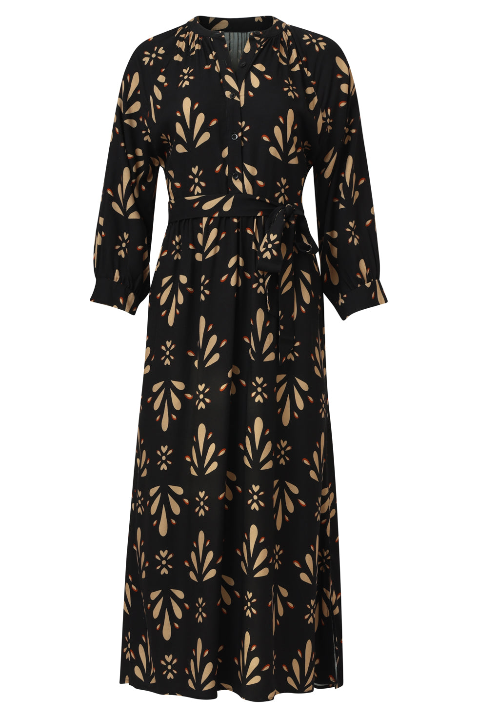 25599 OrnamEnt GeprInt Maxi Jurk in Zwart en Camel | Black - Camel