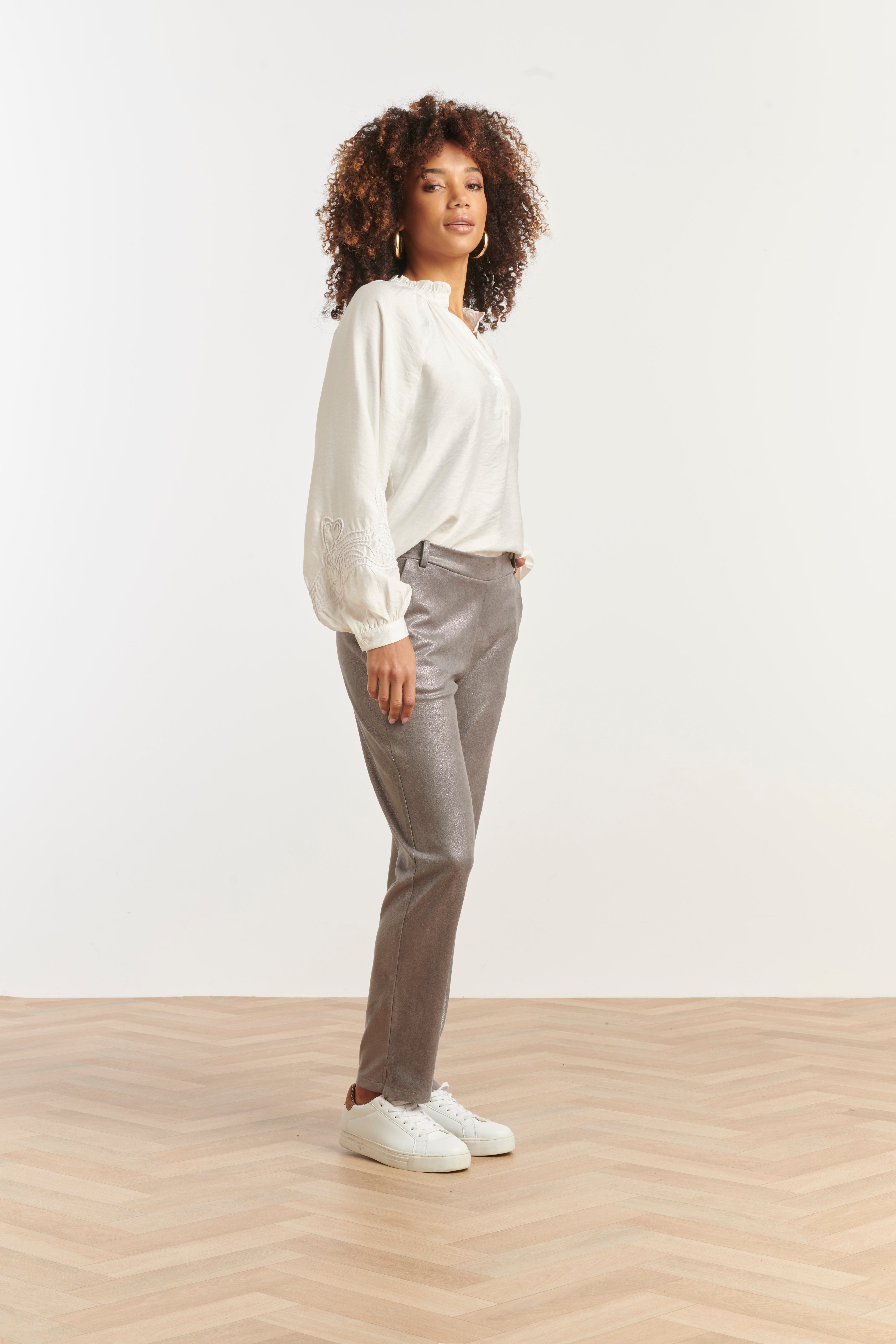 25600 Damesglanzende Metallic Broek | Silver Grey