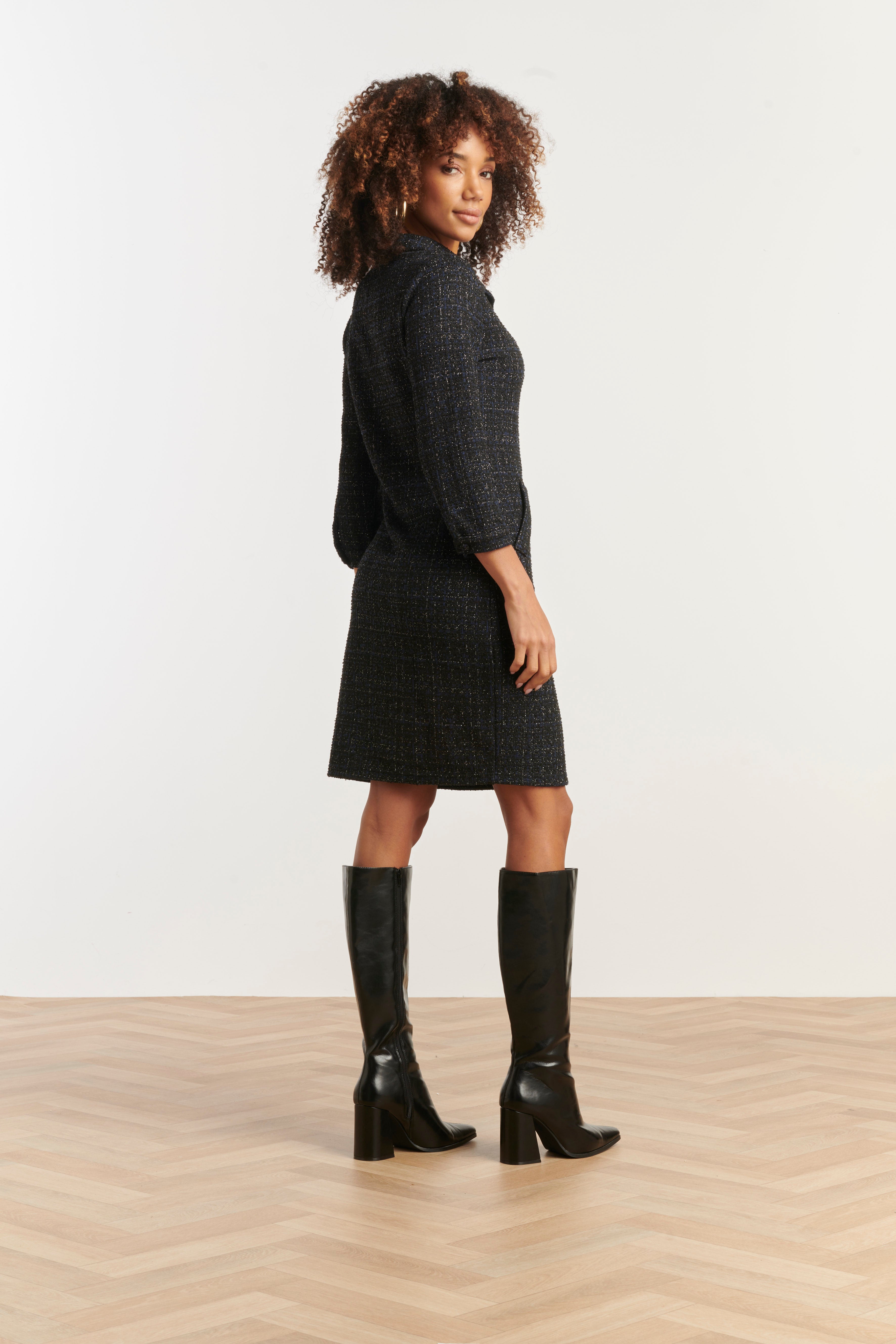 25604 Geweven Ruittextuur Getailleerde Navy Jurk | Navy