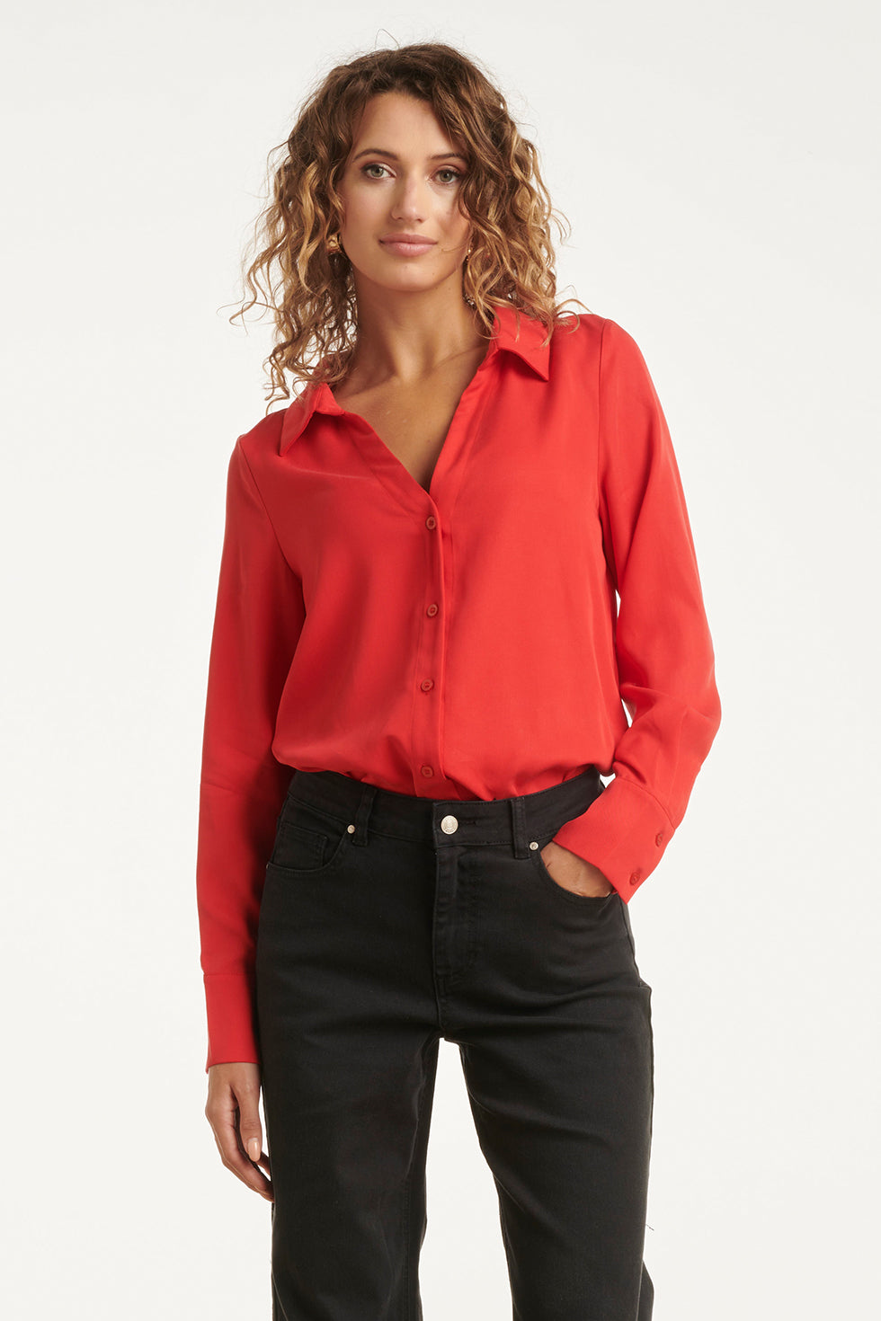 25613 Doorknoopshirt Met V Hals & Kraag | Red