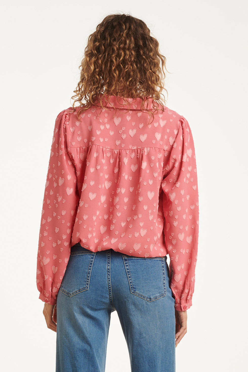 25623 Damesblouse Met Hartjesmotief Lange Pofmouwen | Cerise