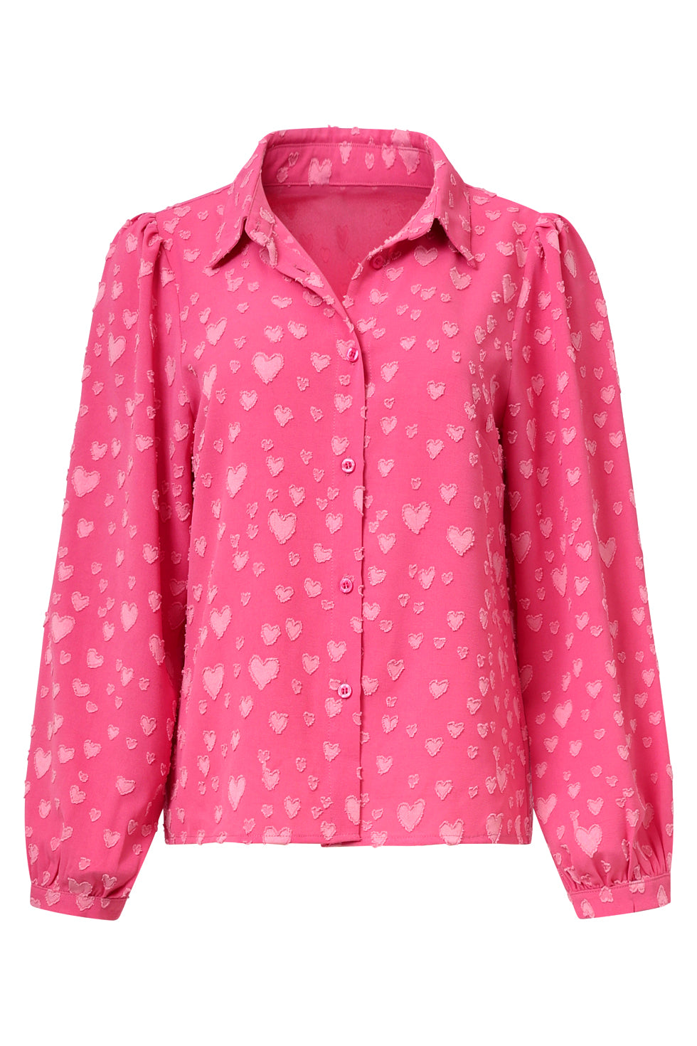 25623 Damesblouse Met Hartjesmotief Lange Pofmouwen | Cerise