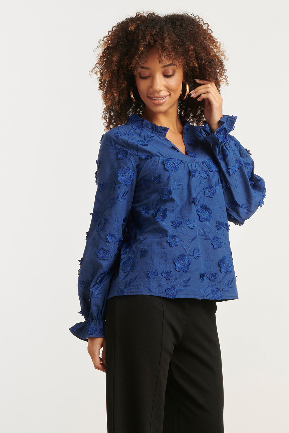 25624 Dames3d Bloemenprint Top Met V Hals | Navy