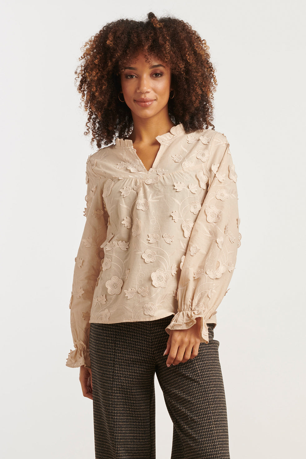 25624 Dames3d Bloemenprint Top Met V Hals | Sand