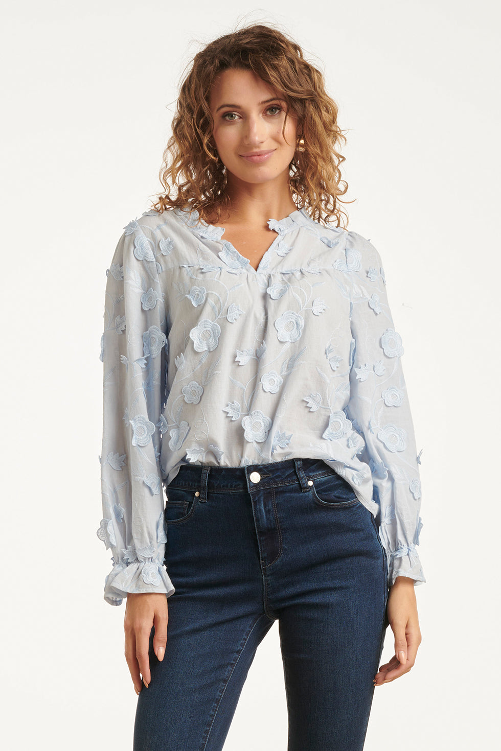 25624 Smashed Lemon Dames3d Bloemenprint Top met V Hals | Light Blue