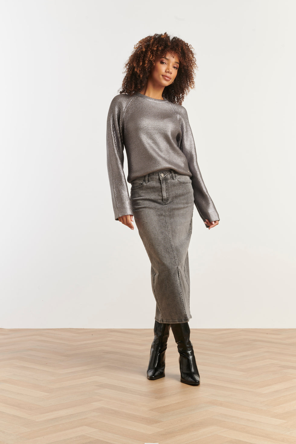 25632 Damesmidi Rok | Grey Denim