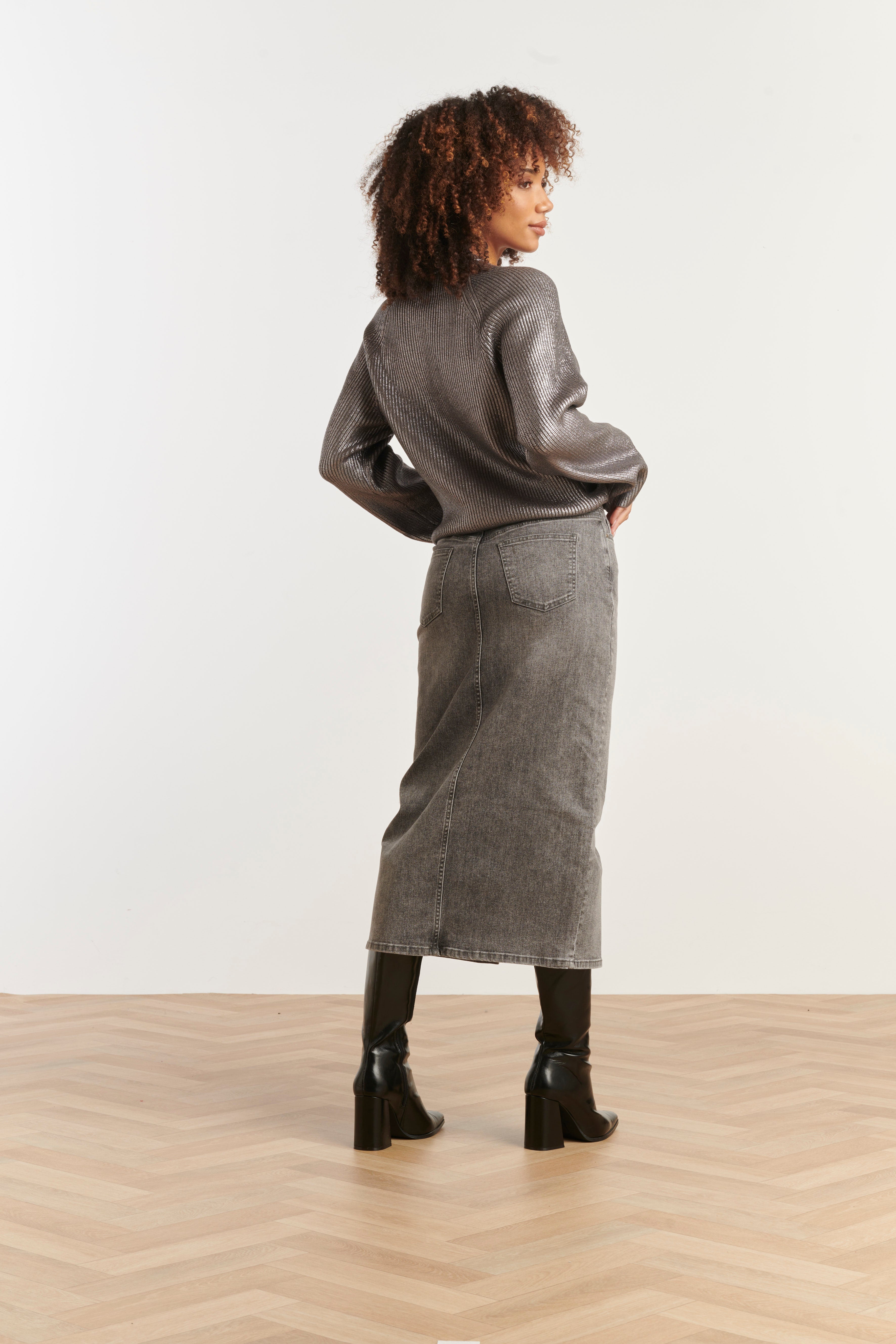 25632 Damesmidi Rok | Grey Denim