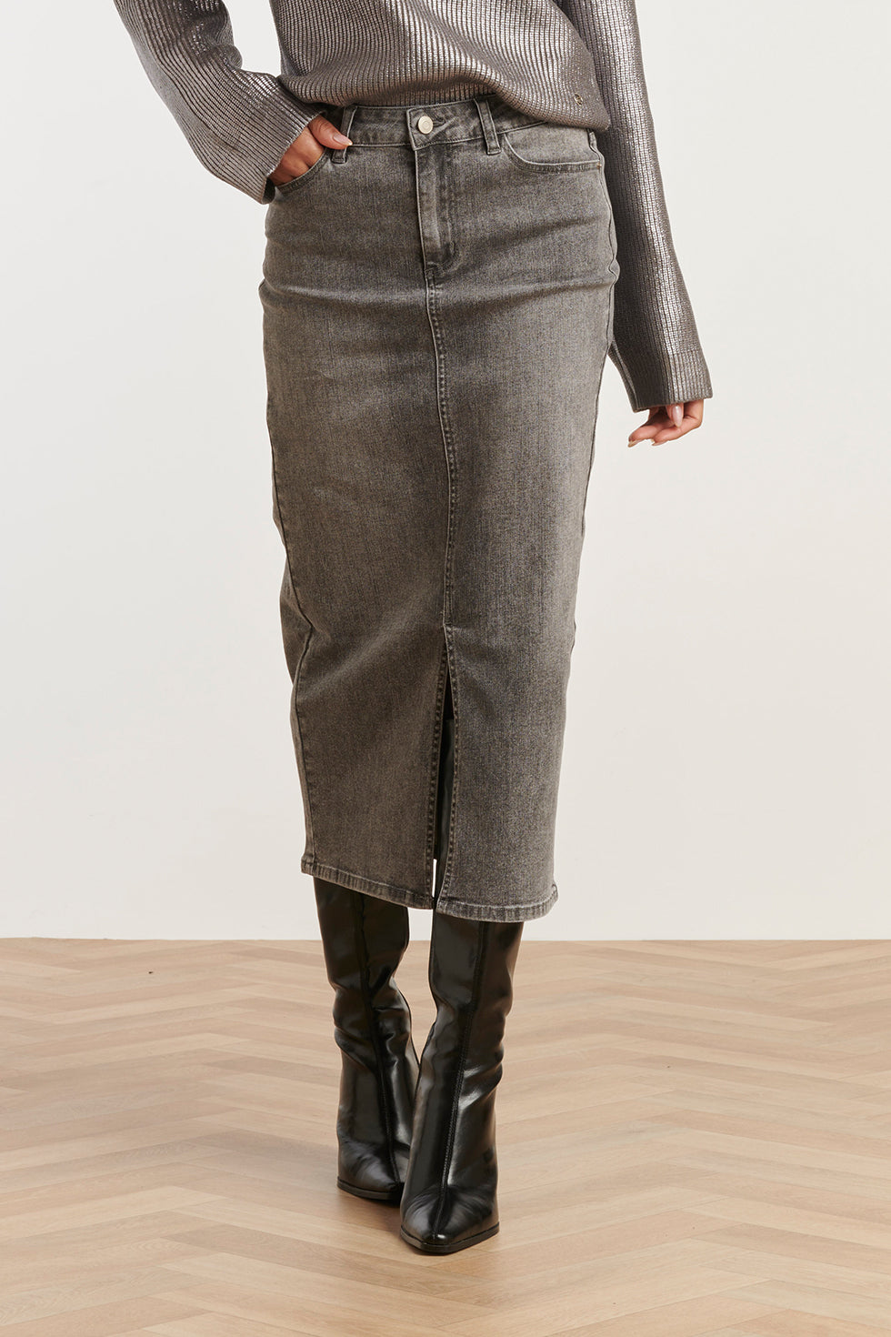 25632 Smashed Lemon Damesmidi Rok | Grey Denim