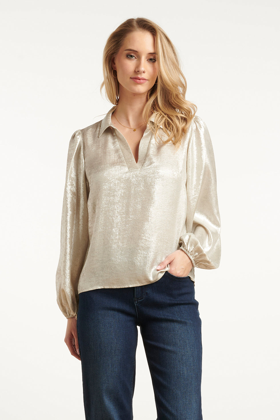 25633 Smashed Lemon Damesglanzende Top met Trendy Losvallende P... | Silver