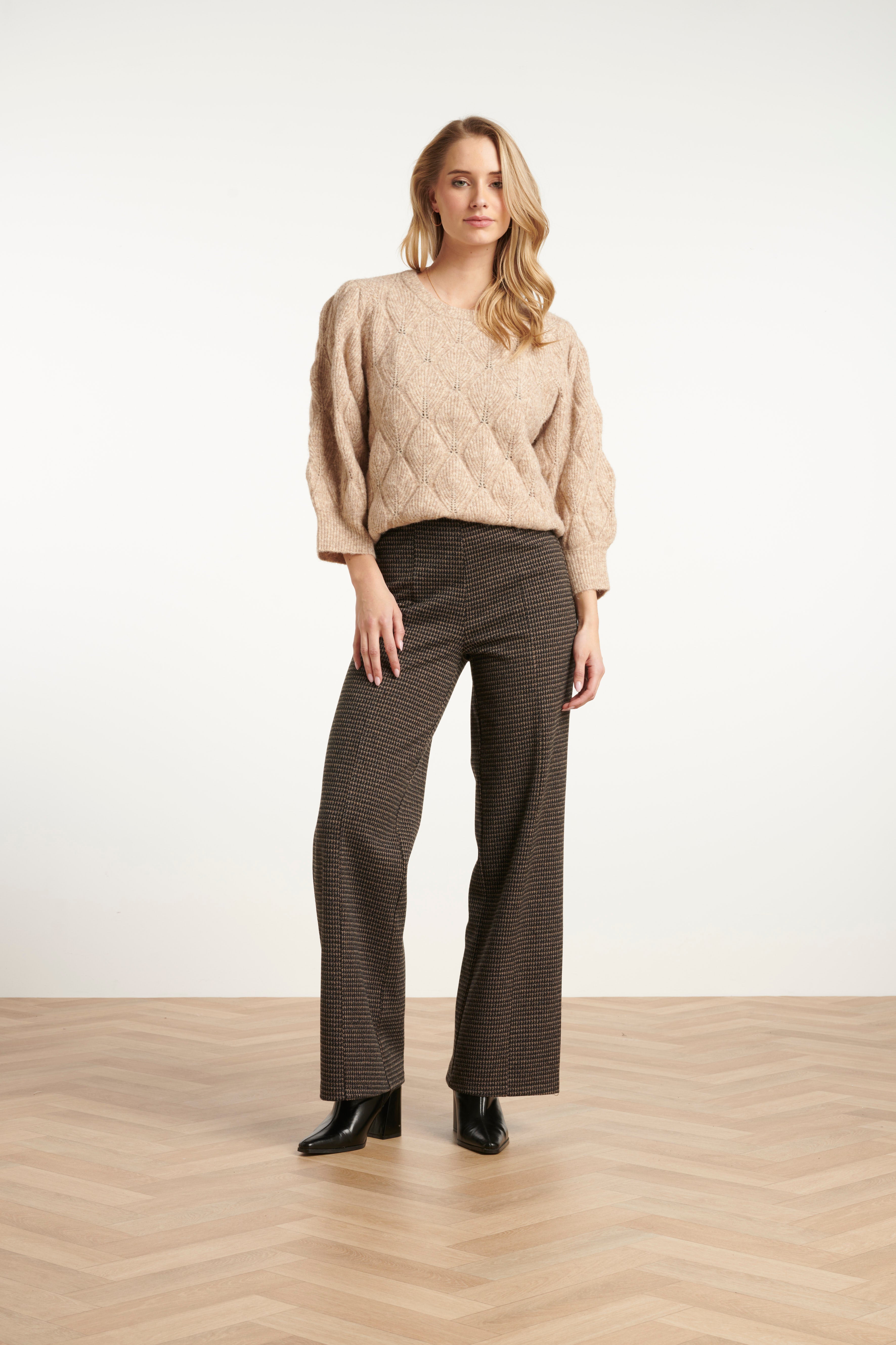 25639 Zwart En Zand Houndstooth Broek | Black - Sand