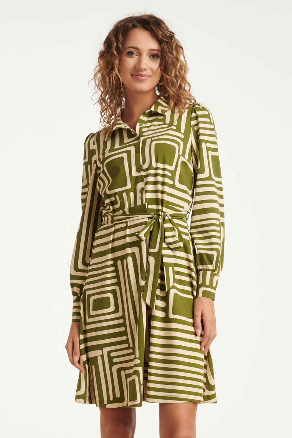 25658 Army En Sand Geometrische Jurk In Travelkwaliteit | Army - Sand