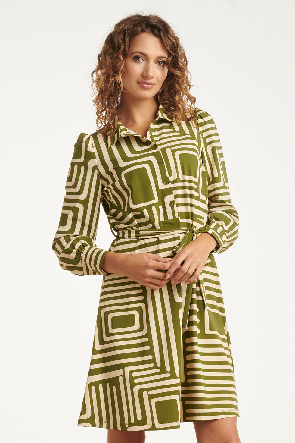 25658 Army En Sand Geometrische Jurk In Travelkwaliteit | Army - Sand