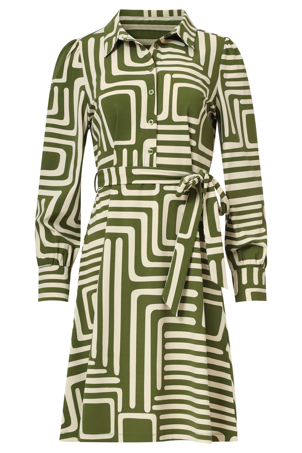 25658 Army En Sand Geometrische Jurk In Travelkwaliteit | Army - Sand